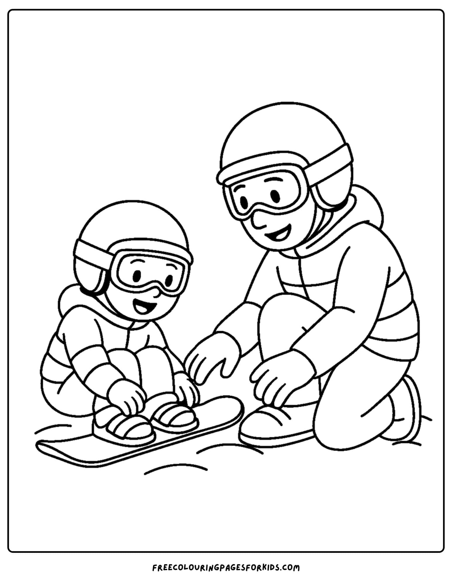 a snowboard coloring page featuring a parent teaching their child to snowboard