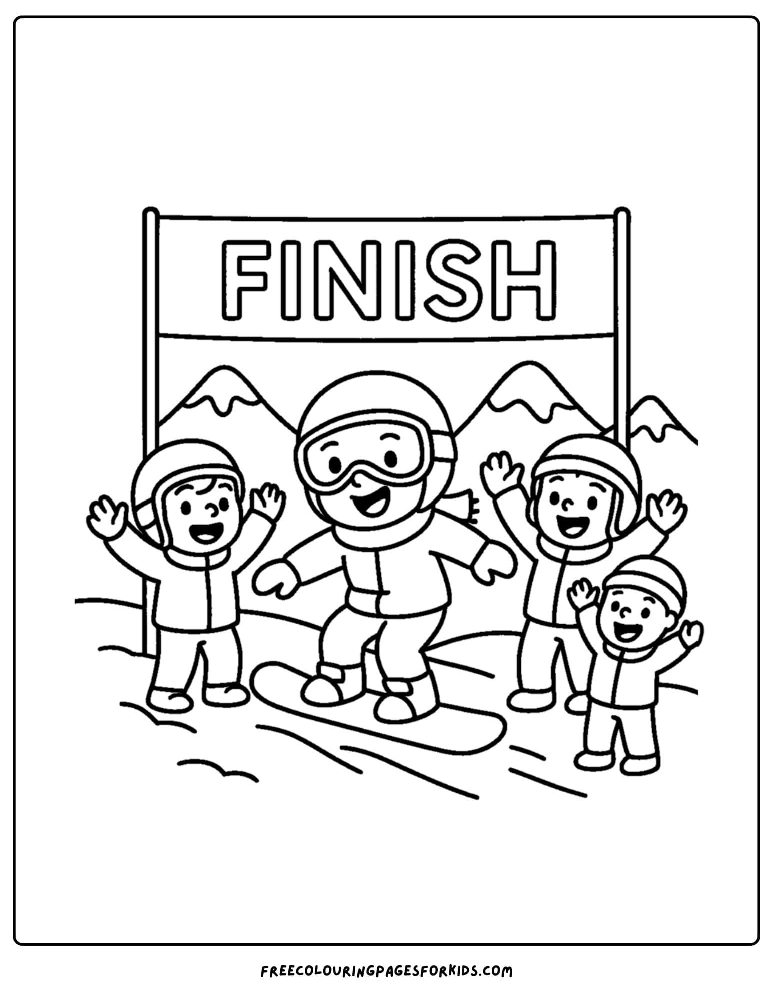 a snowboard coloring page featuring a race to the finish line