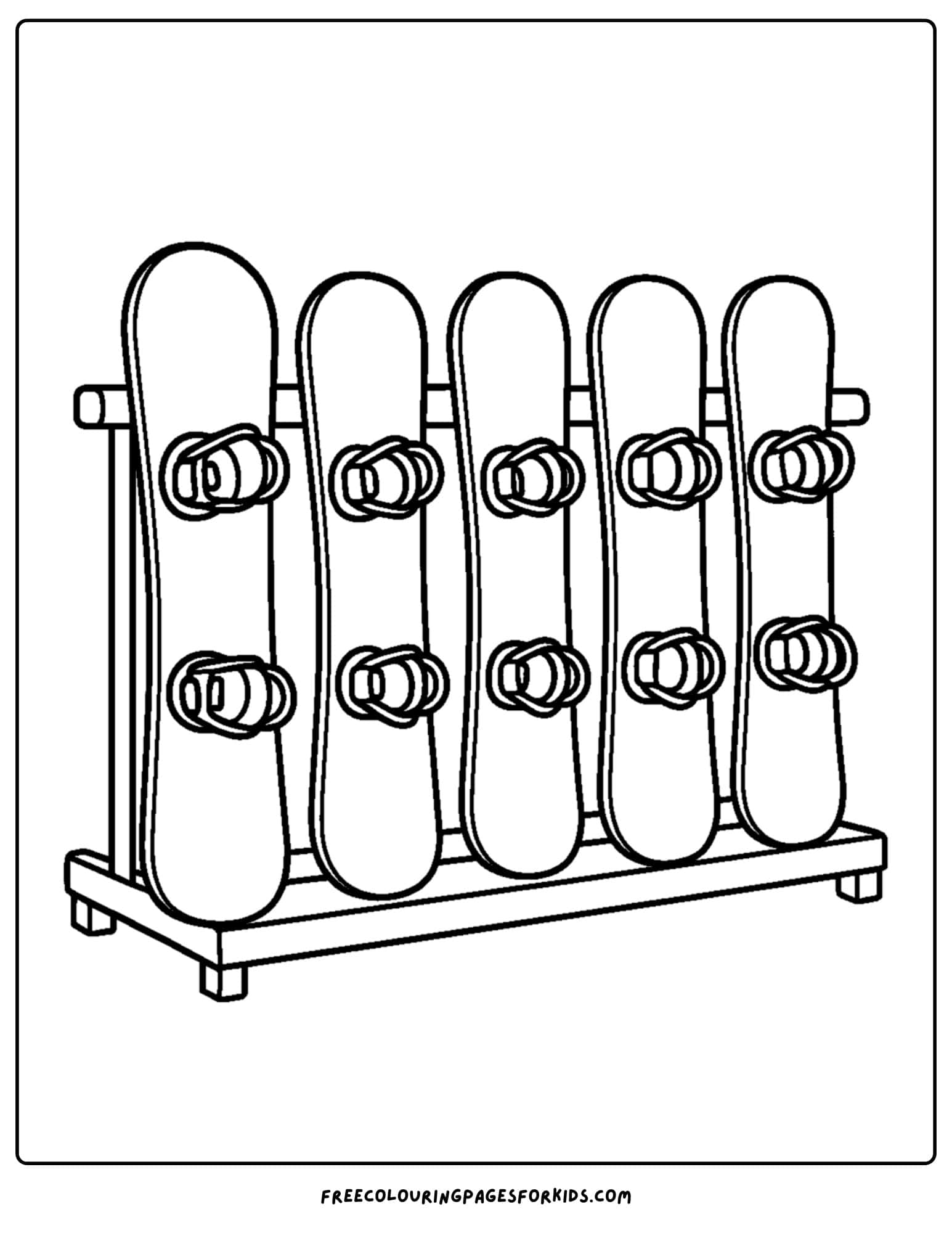 a snowboard coloring page featuring a rack of snowboards