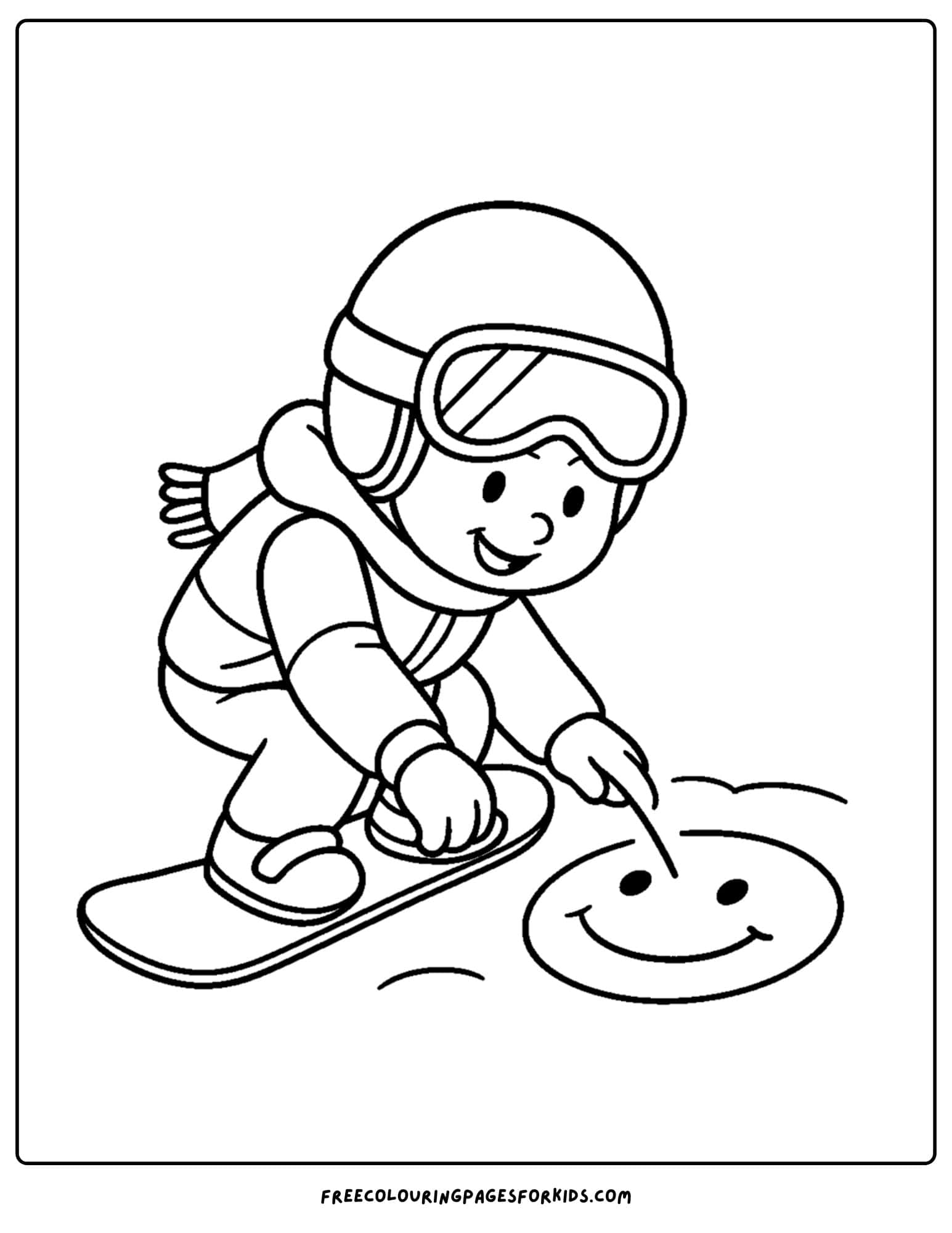 a snowboard coloring page featuring a snowboarder drawing a face in the snow