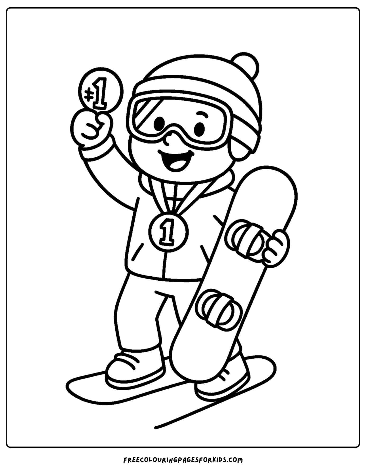 a snowboard coloring page featuring a snowboarder holding up a first place medal