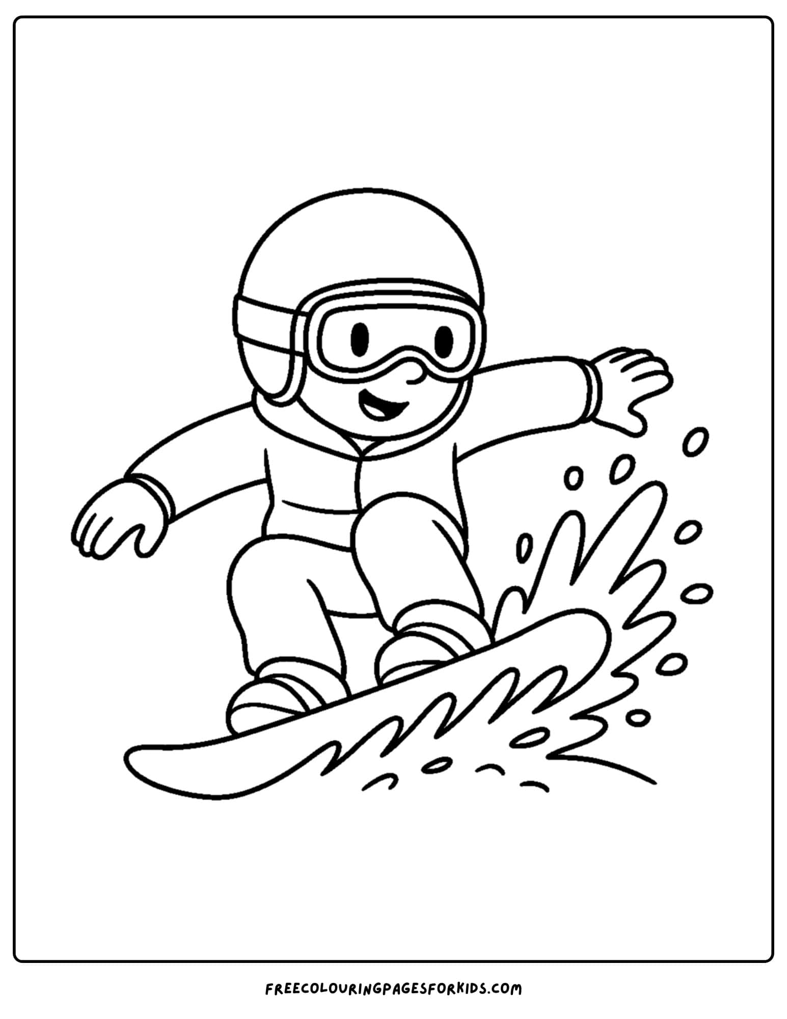 a snowboard coloring page featuring a snowboarder doing a splash turn on the snow