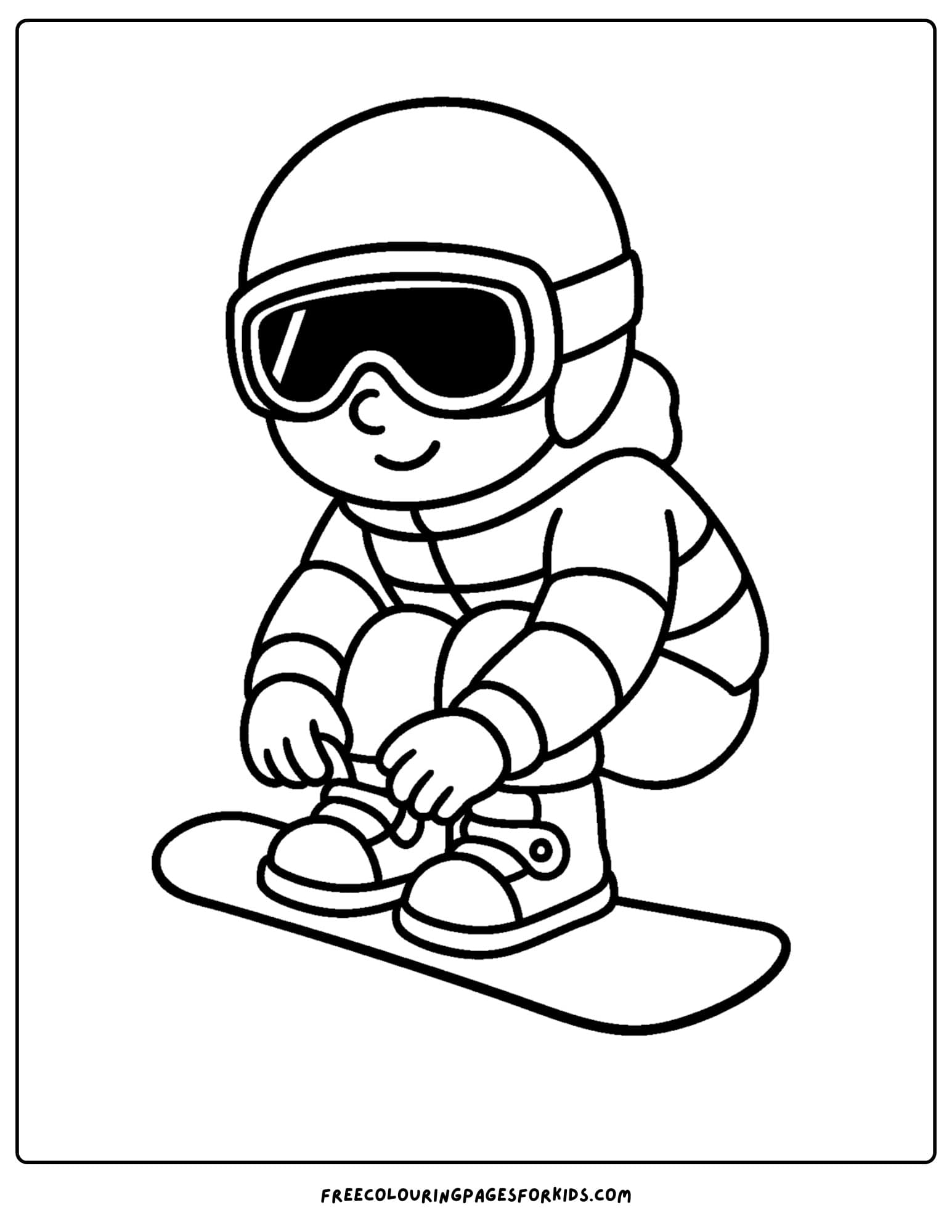 a snowboard coloring page featuring a snowboarder tightening their bindings