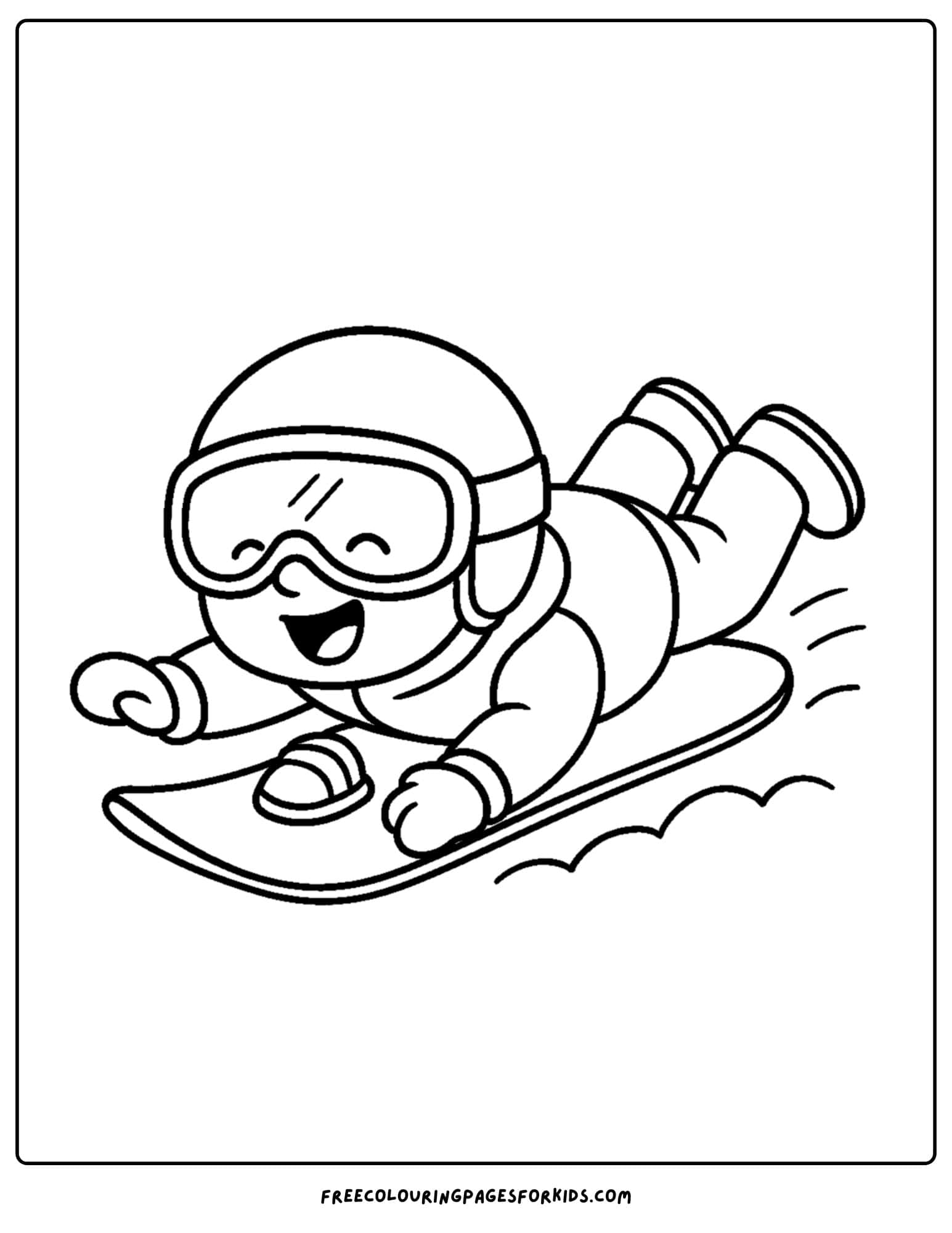 a snowboard coloring page featuring a snowboarder going down a slope on their tummy