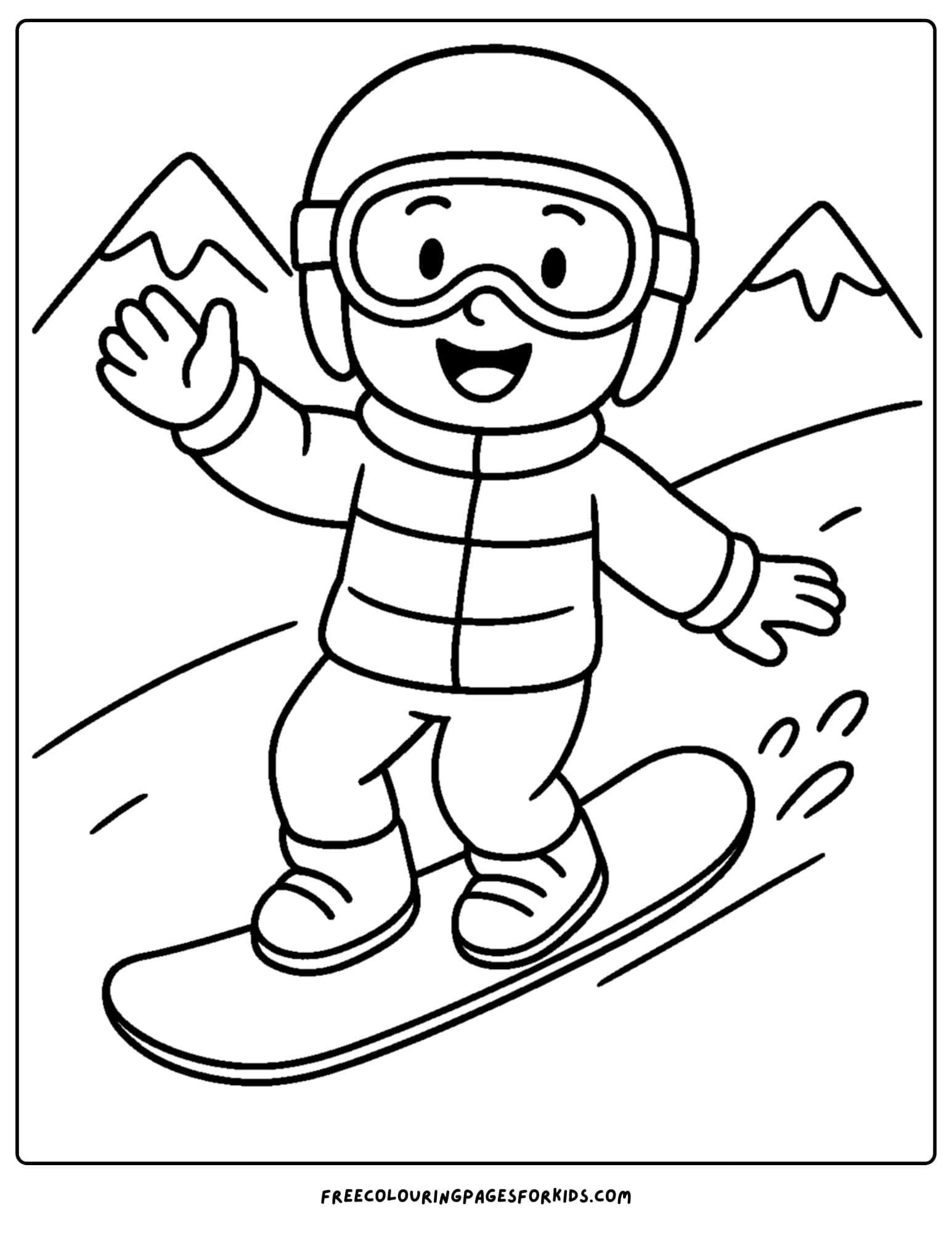 a snowboard coloring page featuring a snowboarder waving going downhill