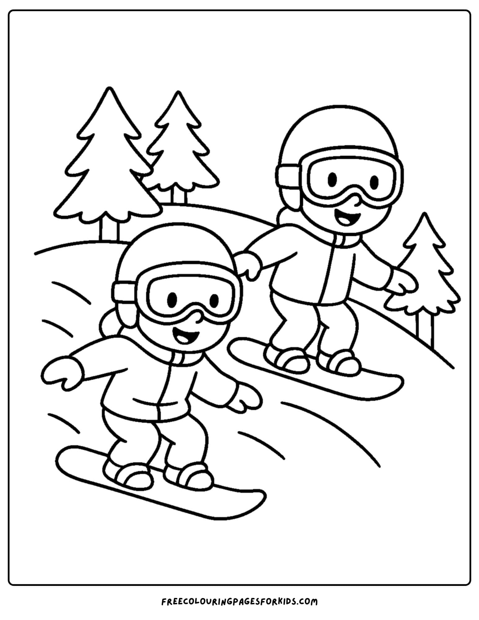 a snowboard coloring page featuring two kids snowboarding down a slope