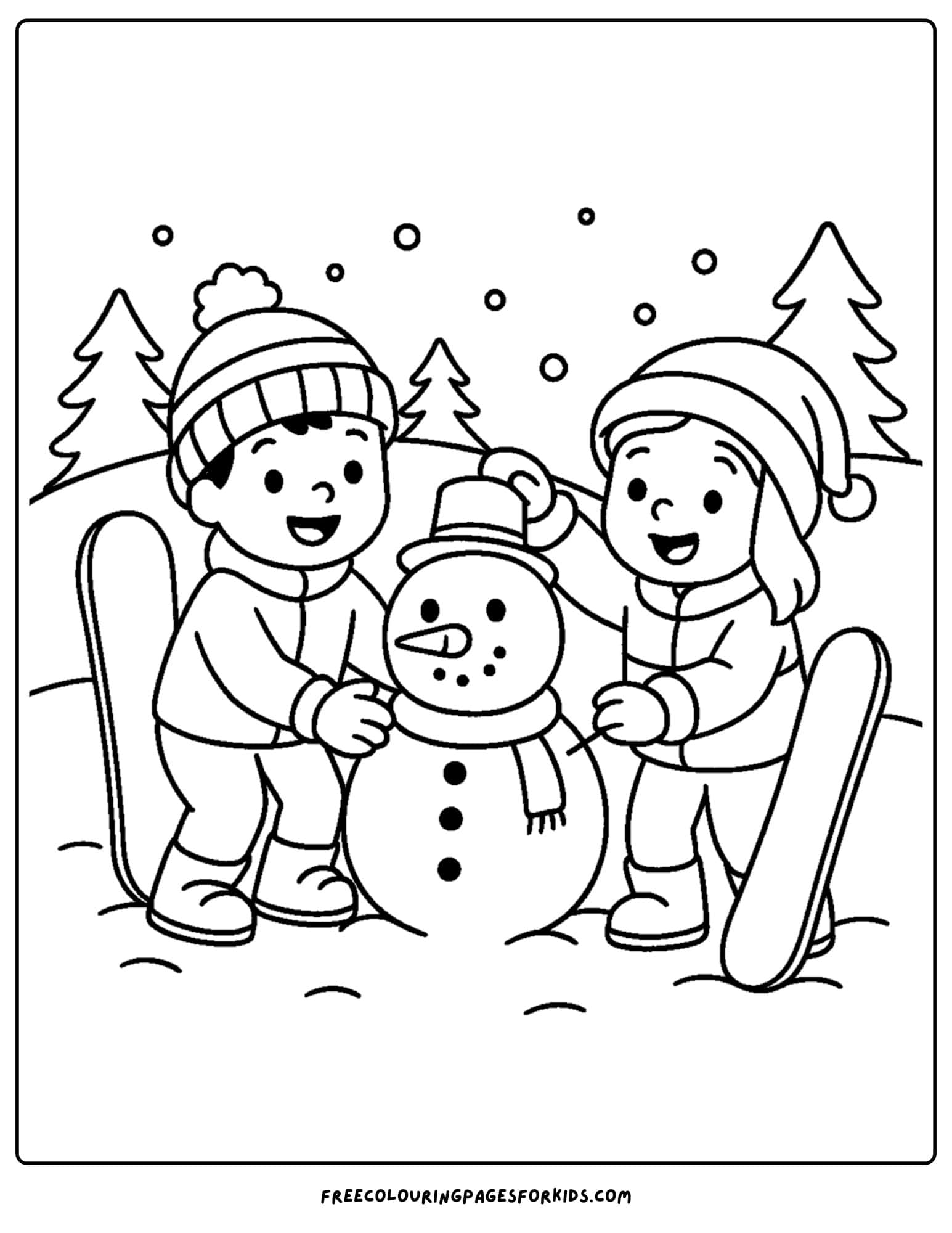 a snowboard coloring page featuring snowboarding kids making a snowman