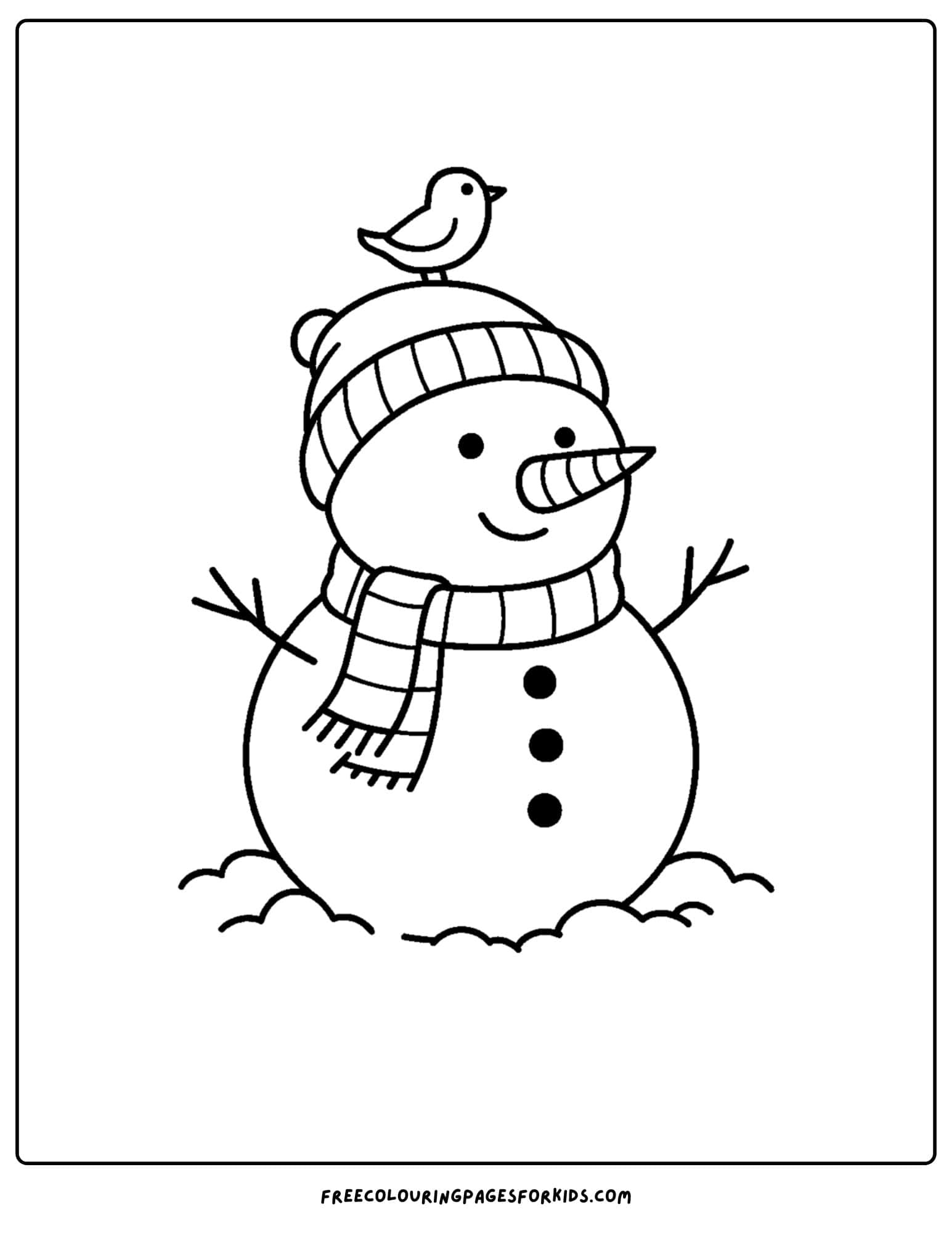 a snowman coloring page featuring a snowman with a bird on his head