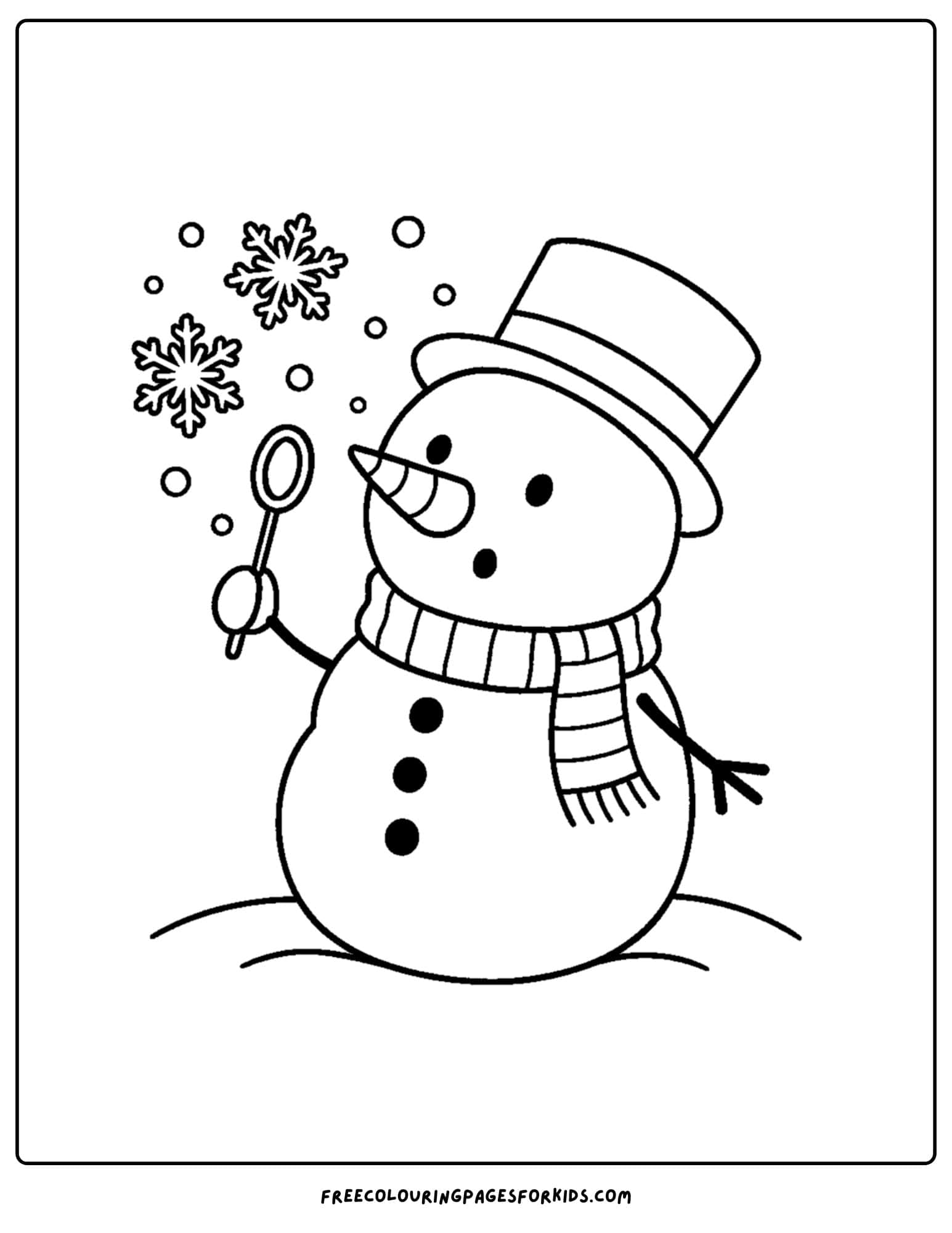 a snowman coloring page featuring a snowman blowing snowflake bubbles