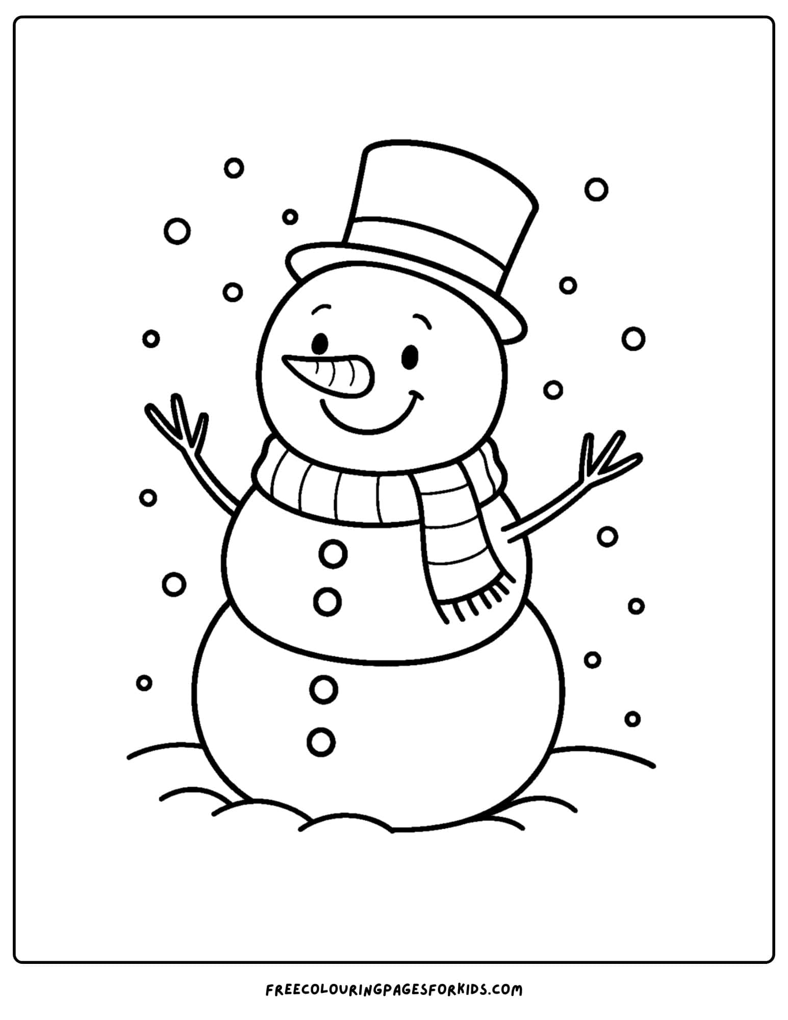 a snowman coloring page featuring a snowman with a carrot nose in the snow