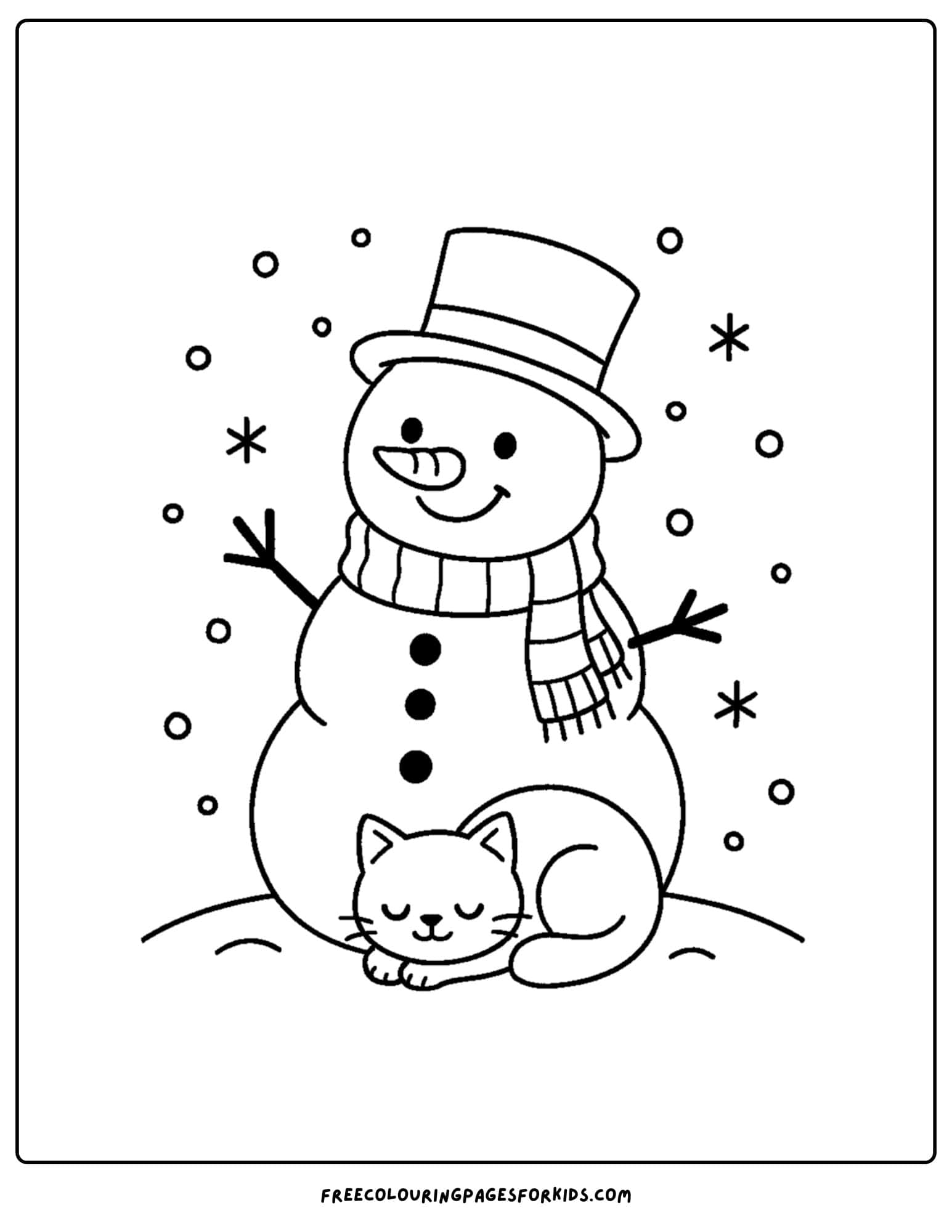 a snowman coloring page featuring a snowman with a cat sleeping next to him