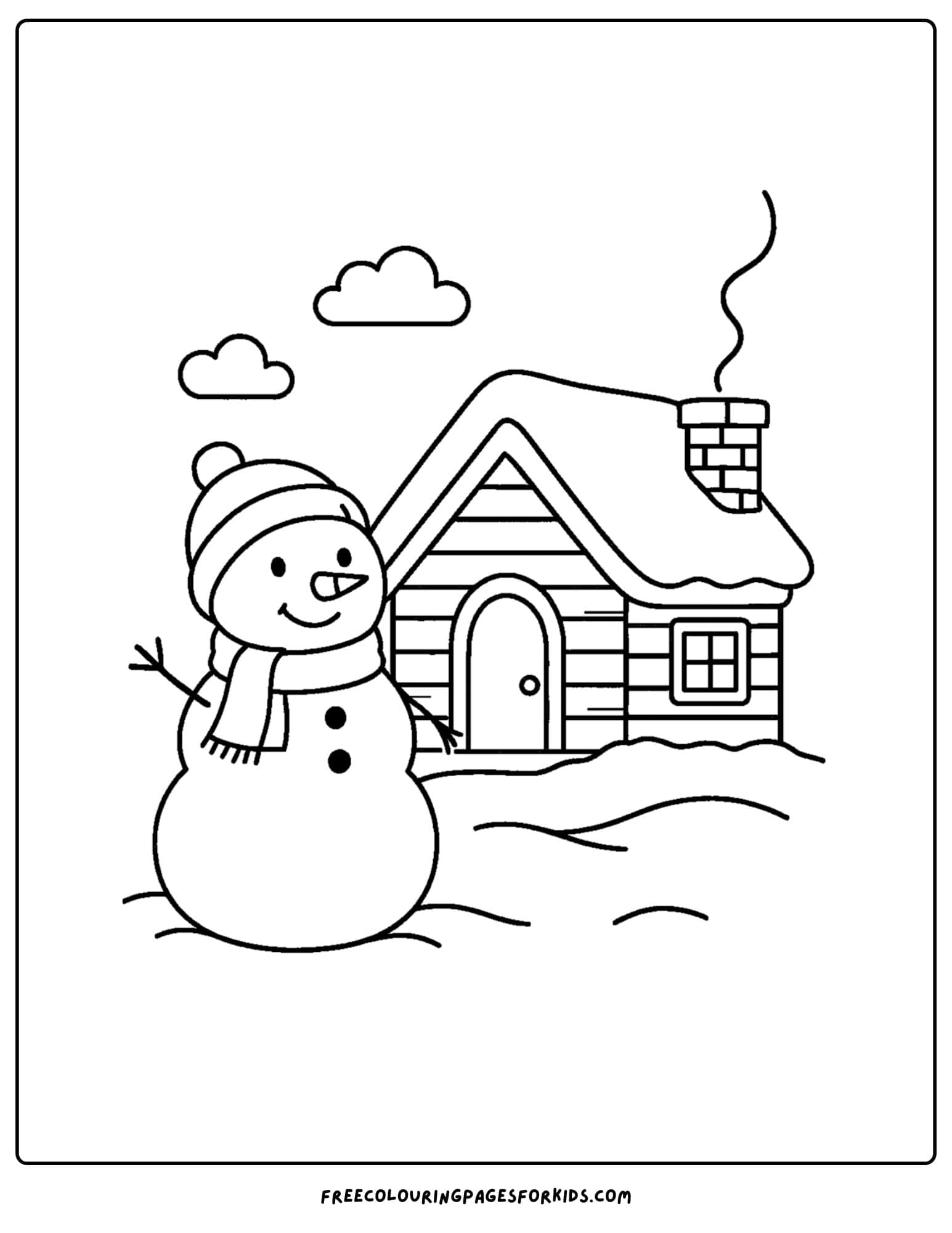 a snowman coloring page featuring a snowman outside a cozy cabin