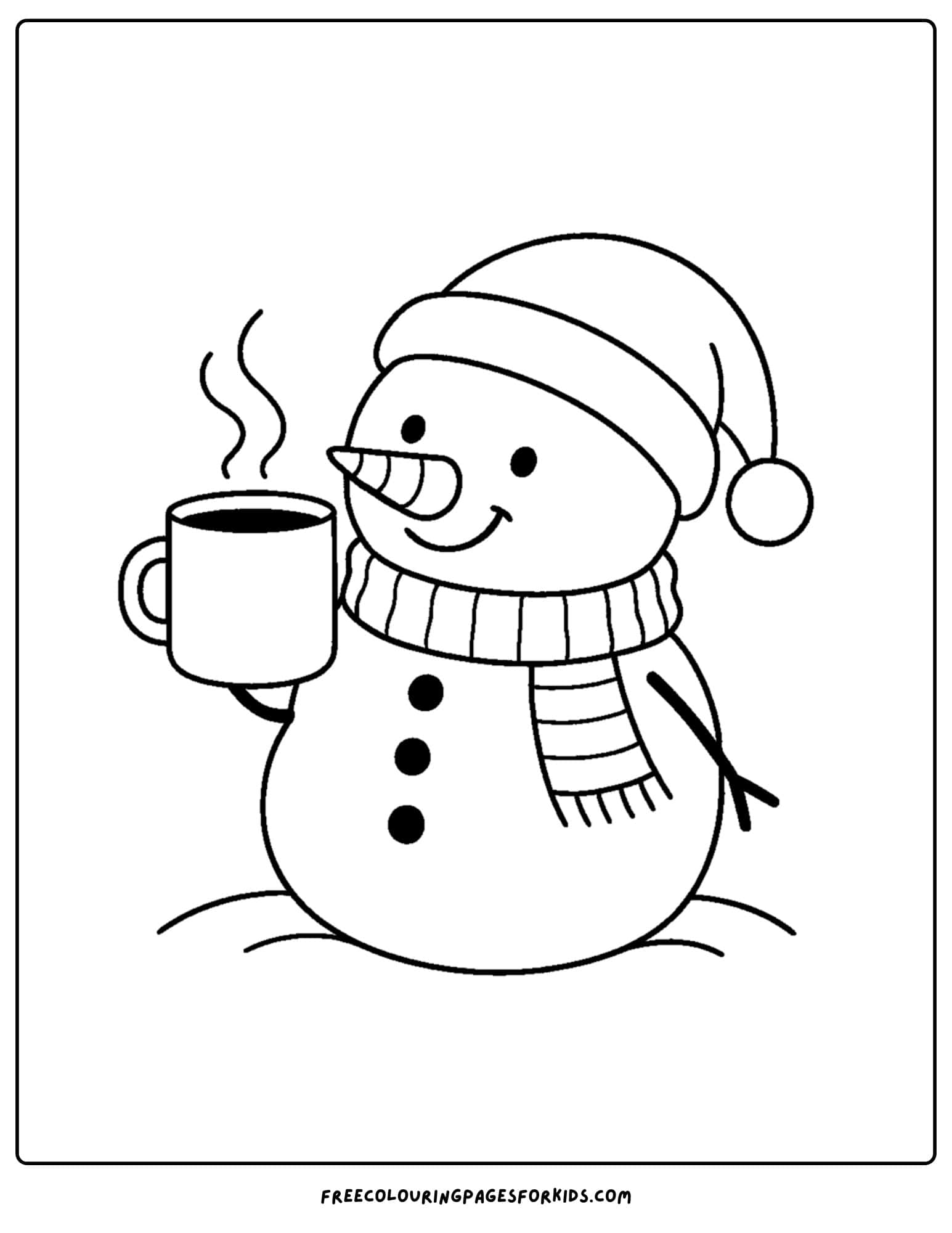 a snowman coloring page featuring a snowman holding a hot cup of cocoa