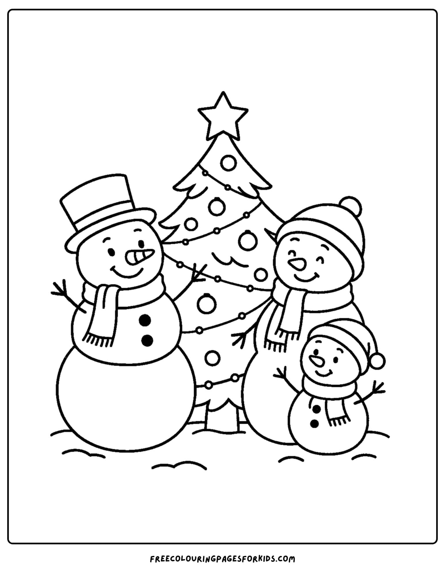 a snowman coloring page featuring a snowman family and a christmas tree