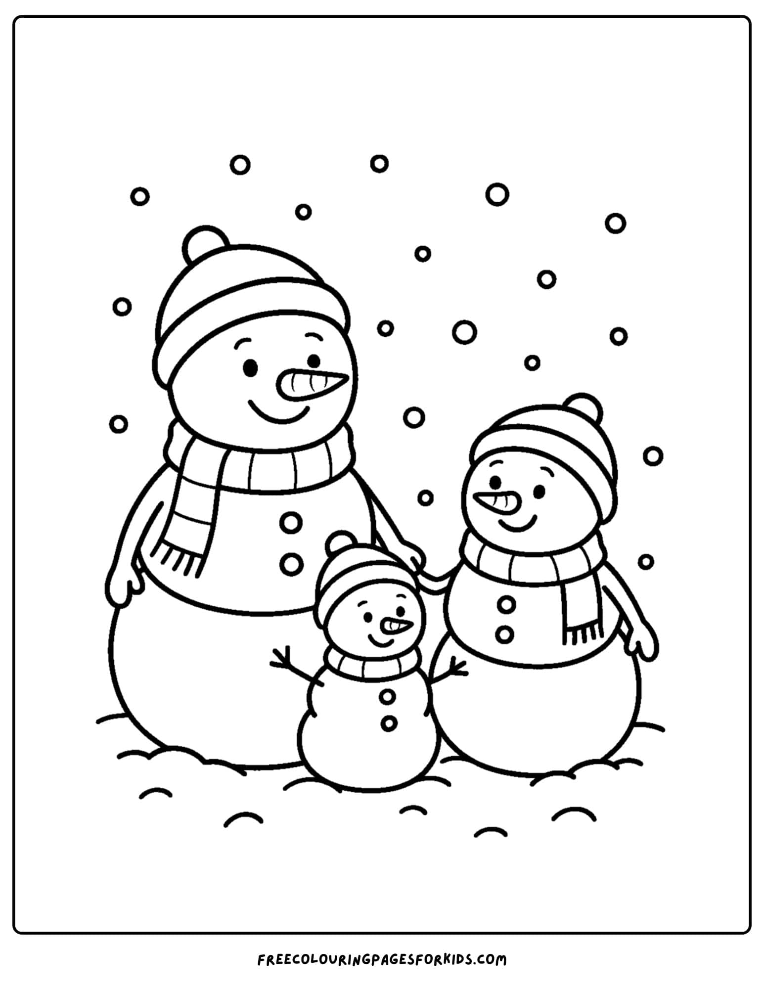 a snowman coloring page featuring a snowman family