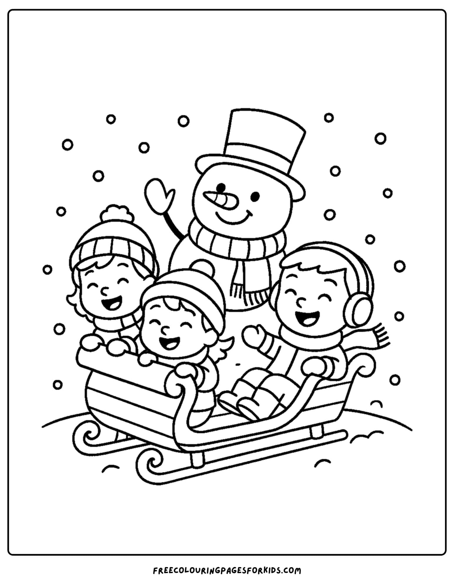 a snowman coloring page featuring a snowman on a sleigh with kids