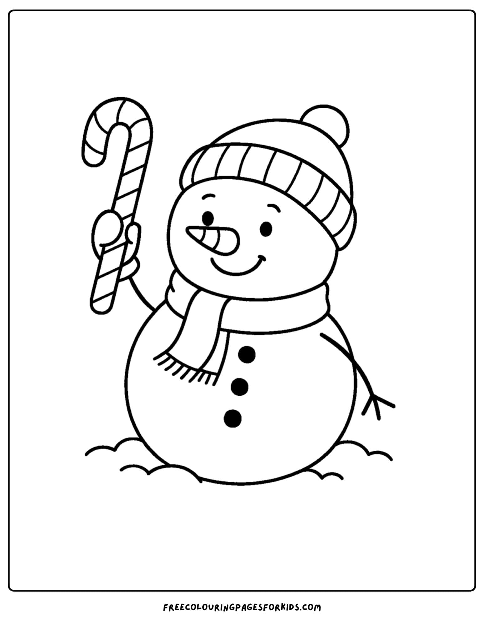 a snowman coloring page featuring a snowman holding a candy cane