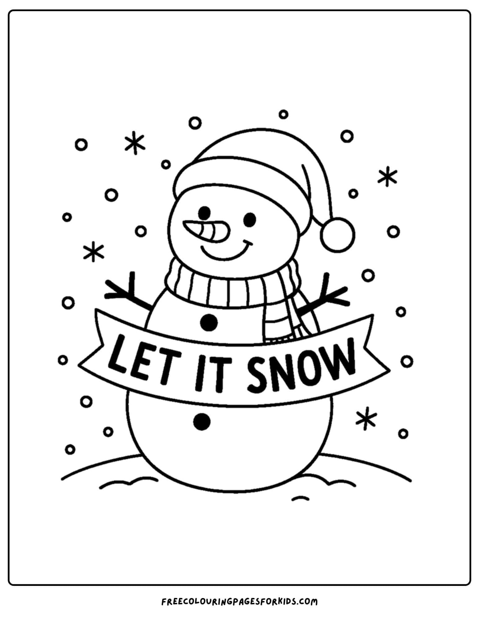 a snowman coloring page featuring a snowman holding a sign saying let it snow