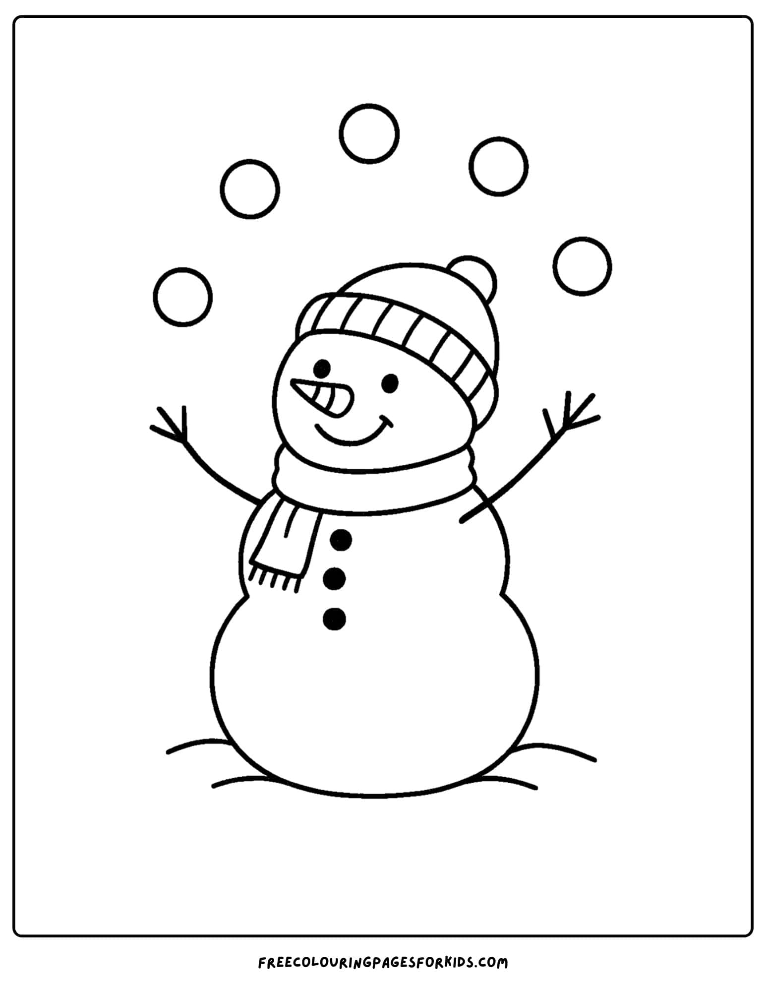 a snowman coloring page featuring a snowman juggling snowballs