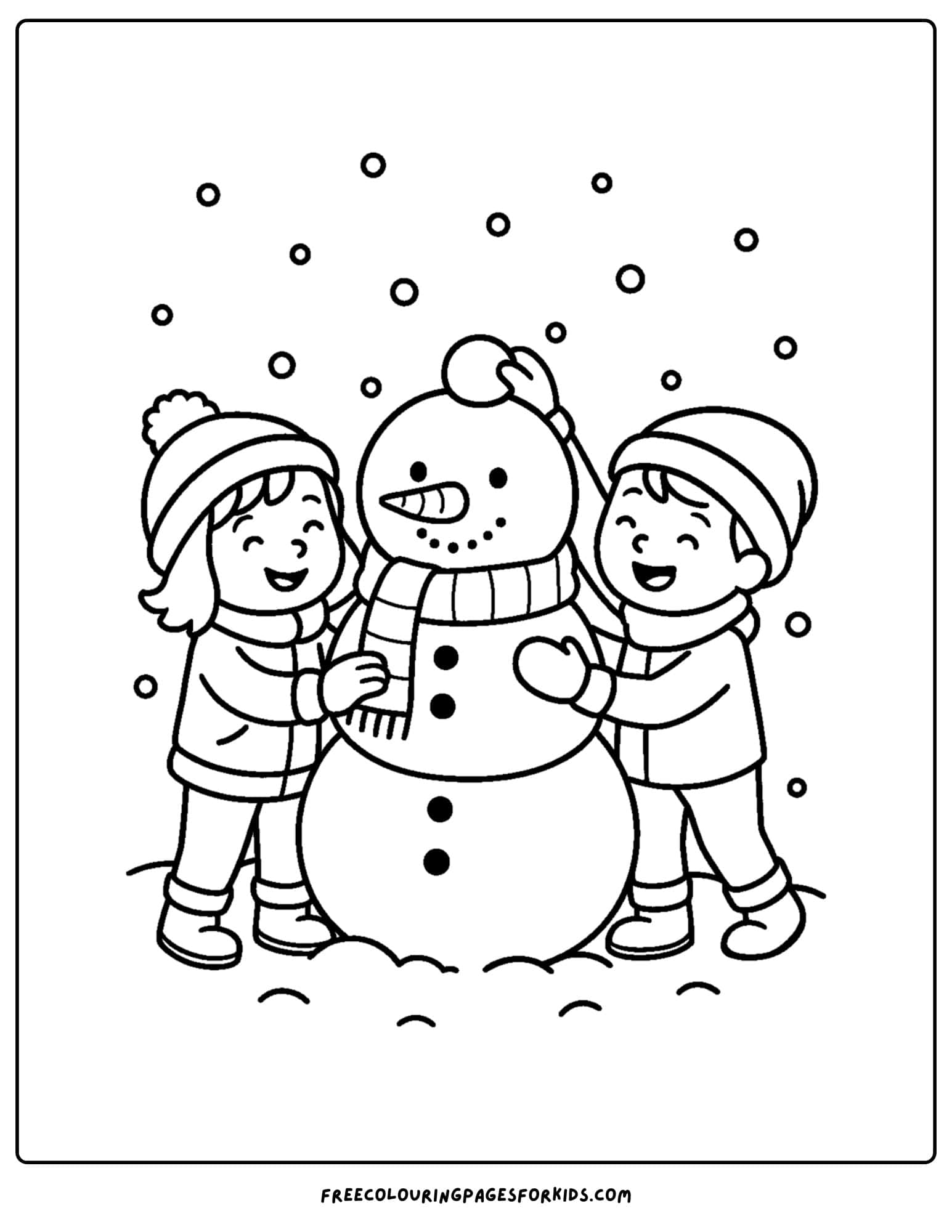 a snowman coloring page featuring a snowman being built by kids
