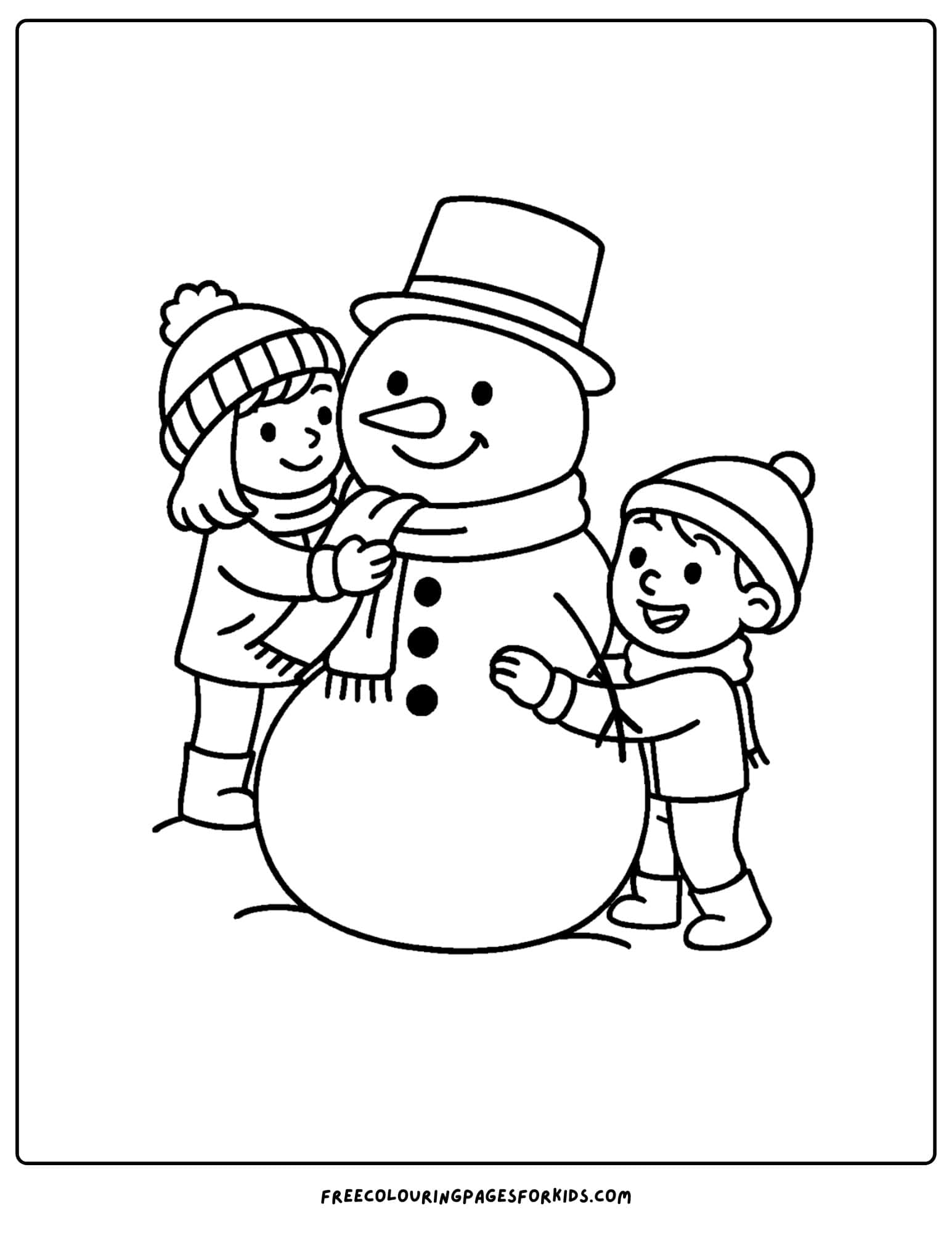 a snowman coloring page featuring a snowman getting given a scarf by some children