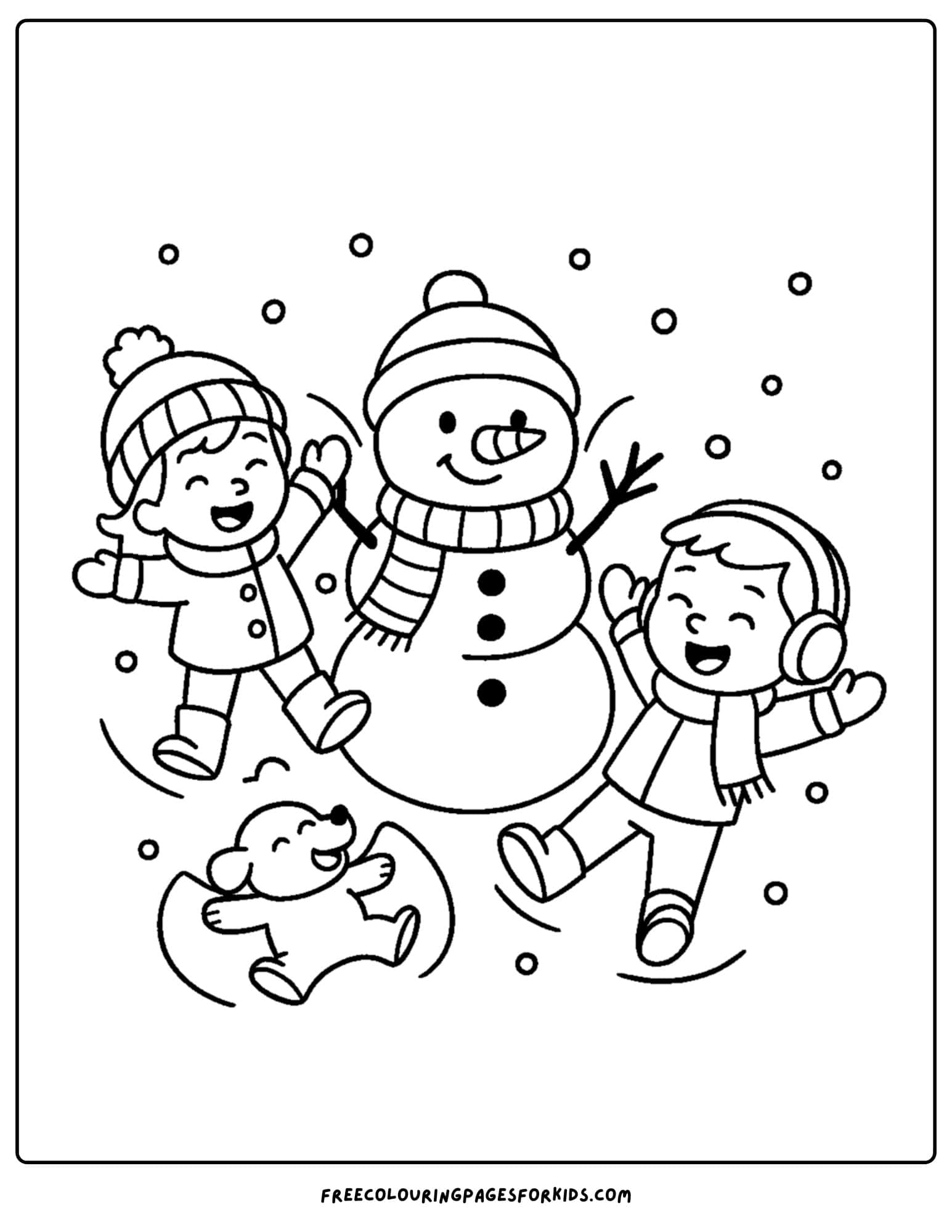 a snowman coloring page featuring a snowman and kids making snow angels