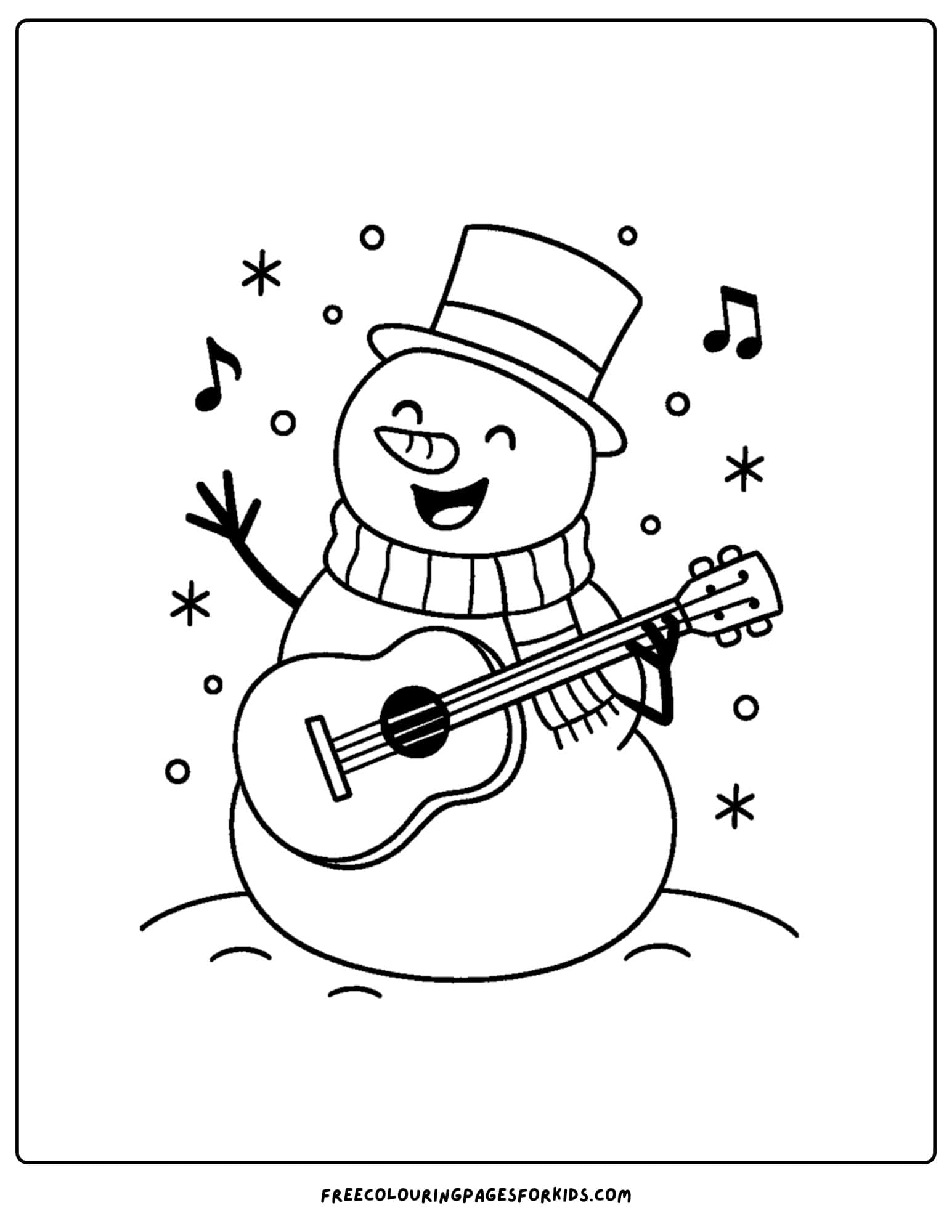 a snowman coloring page featuring a snowman playing a guitar