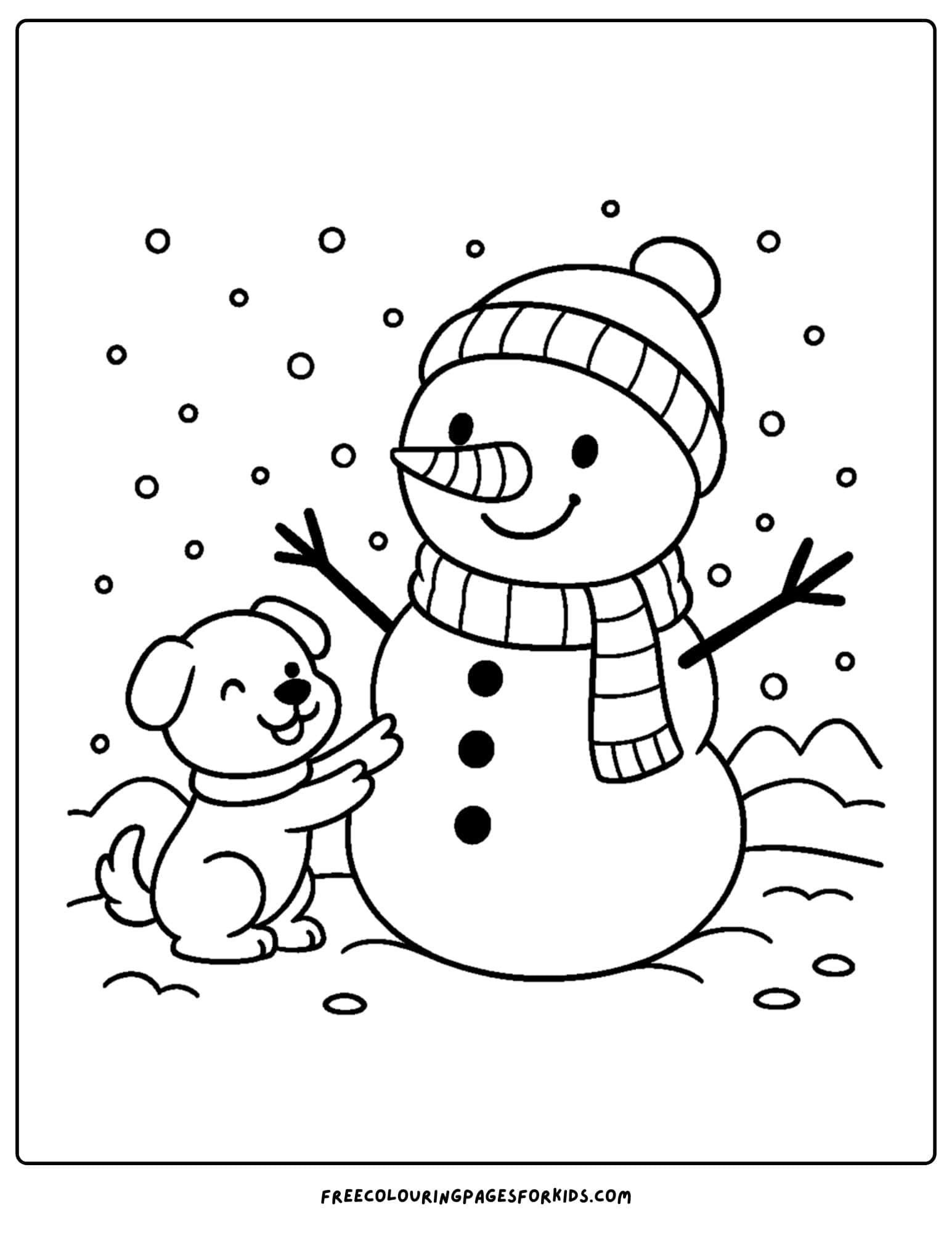 a snowman coloring page featuring a snowman with a puppy next to him
