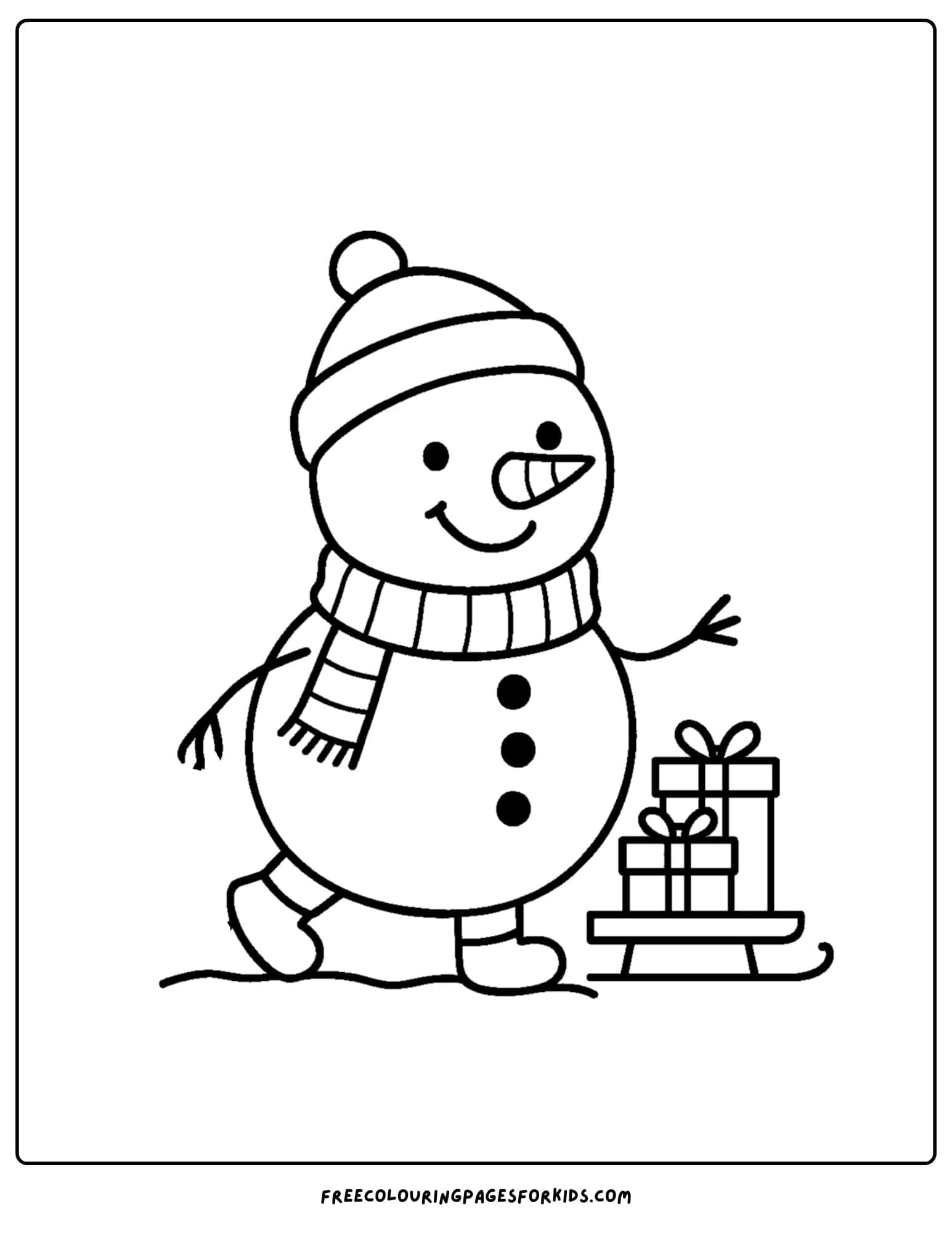 a snowman coloring page featuring a snowman wiht a sled of presents