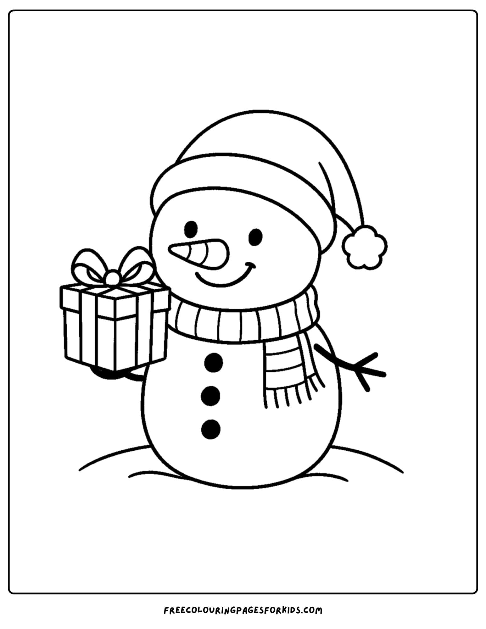 a snowman coloring page featuring a snowman wearing a santa hat and holding a present