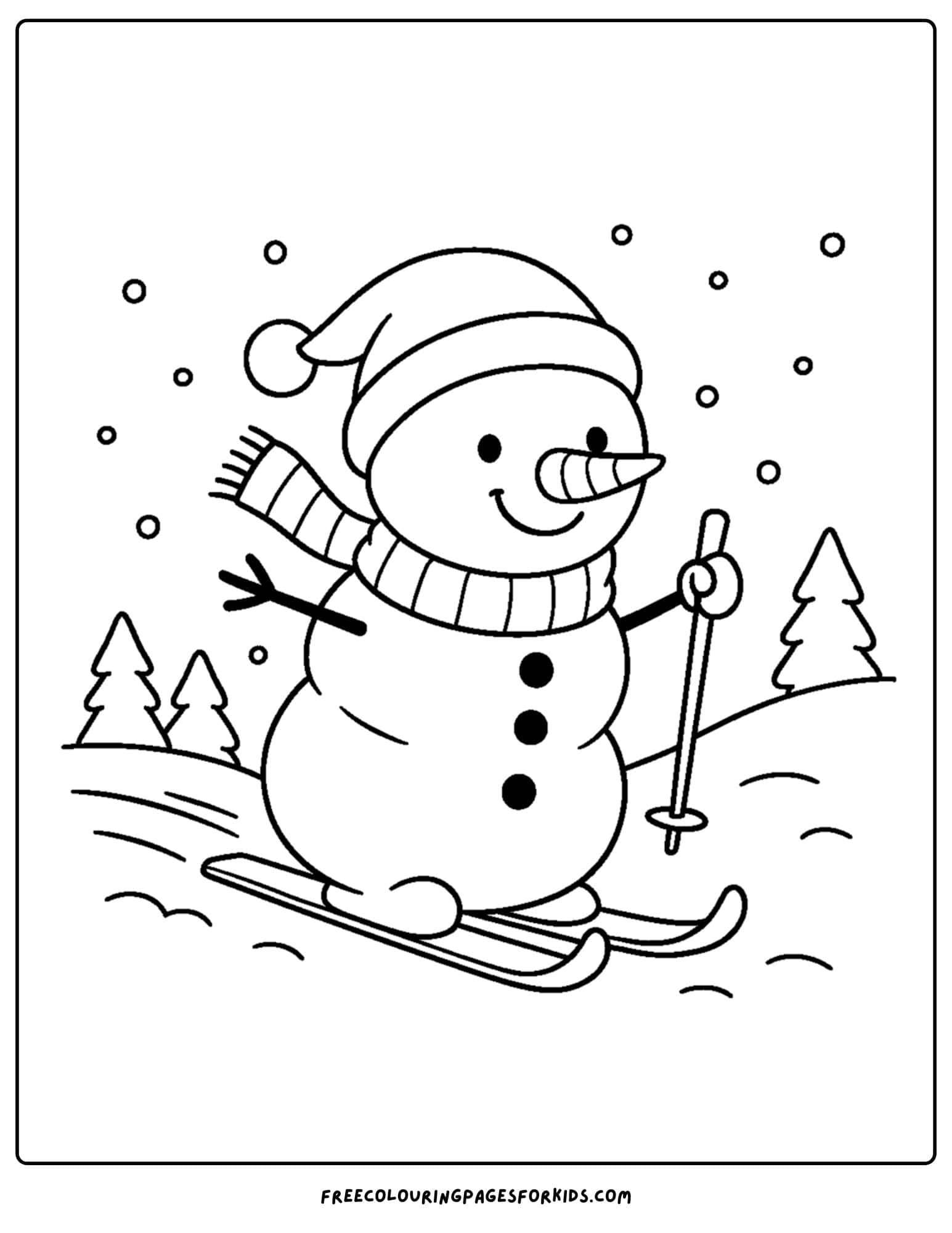 a snowman coloring page featuring a snowman skiing downhill fast