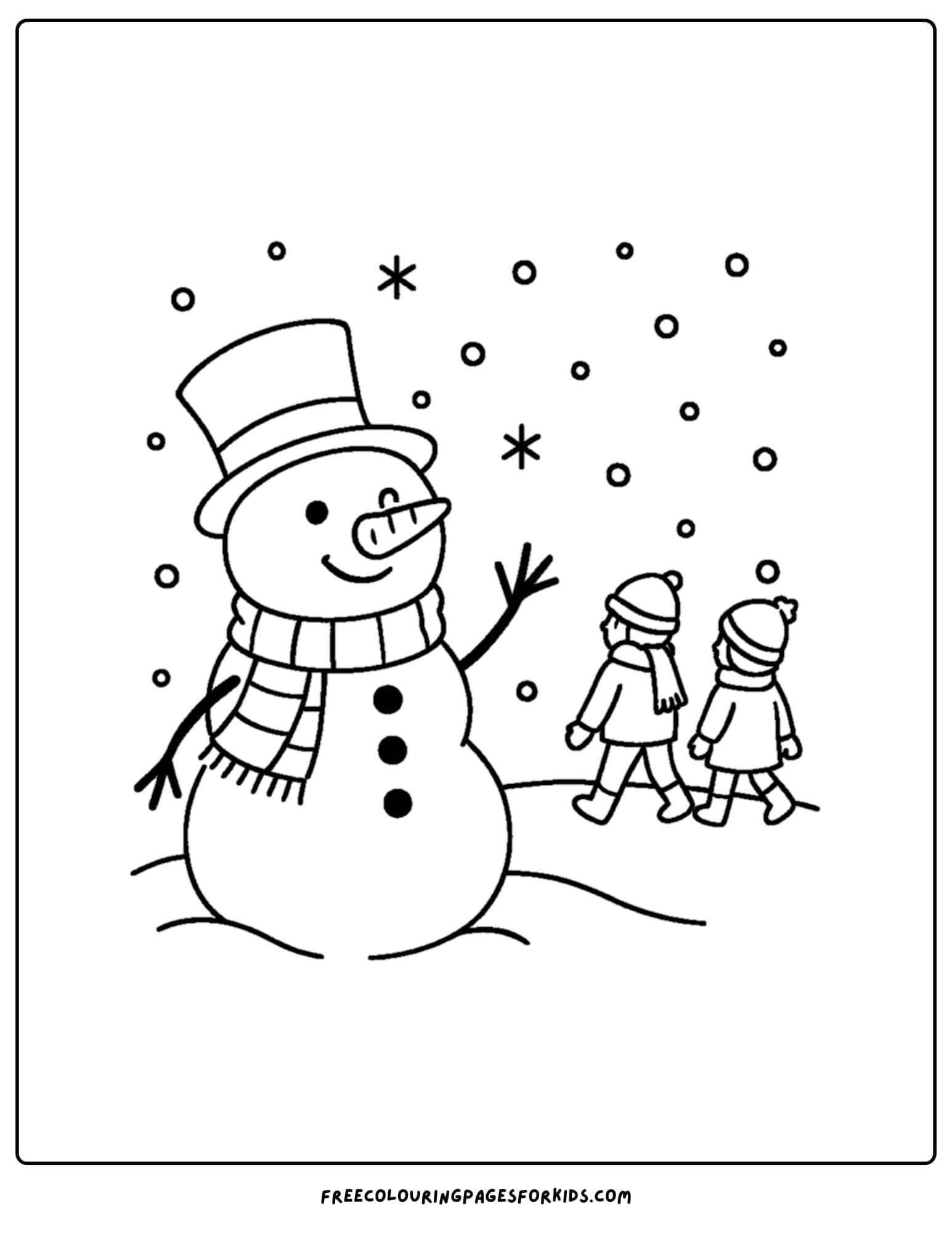 a snowman coloring page featuring a snowman waving goodbye to some children
