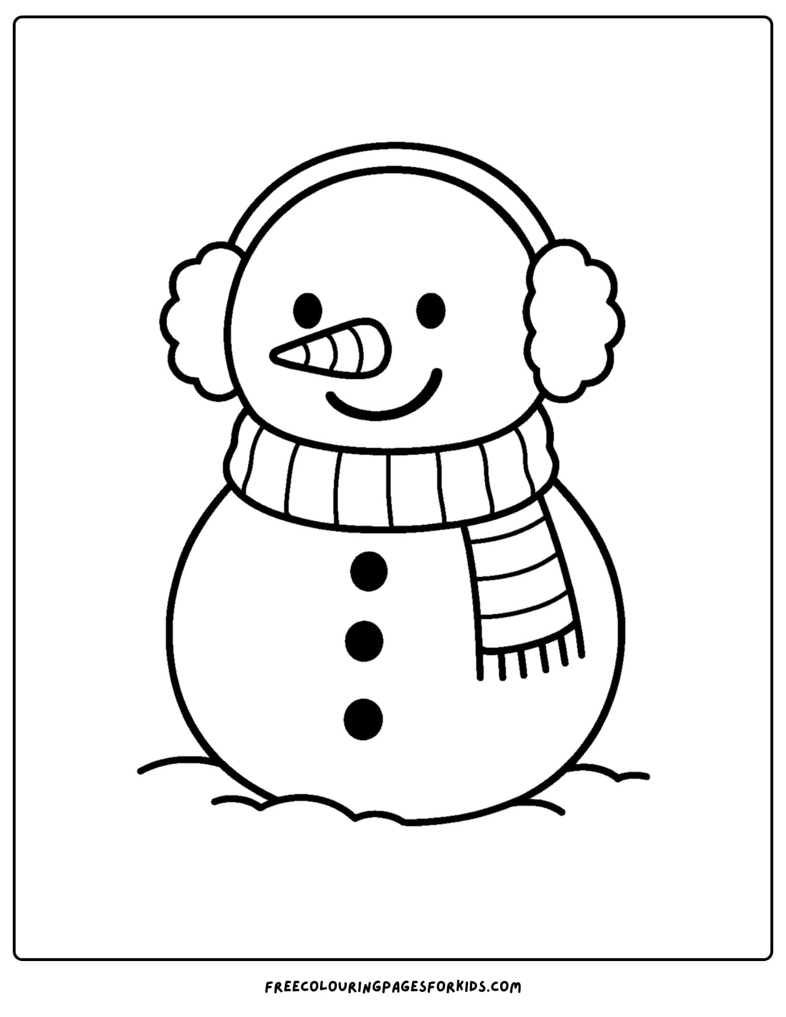 a snowman coloring page featuring a snowman wearing earmuffs and a scarf