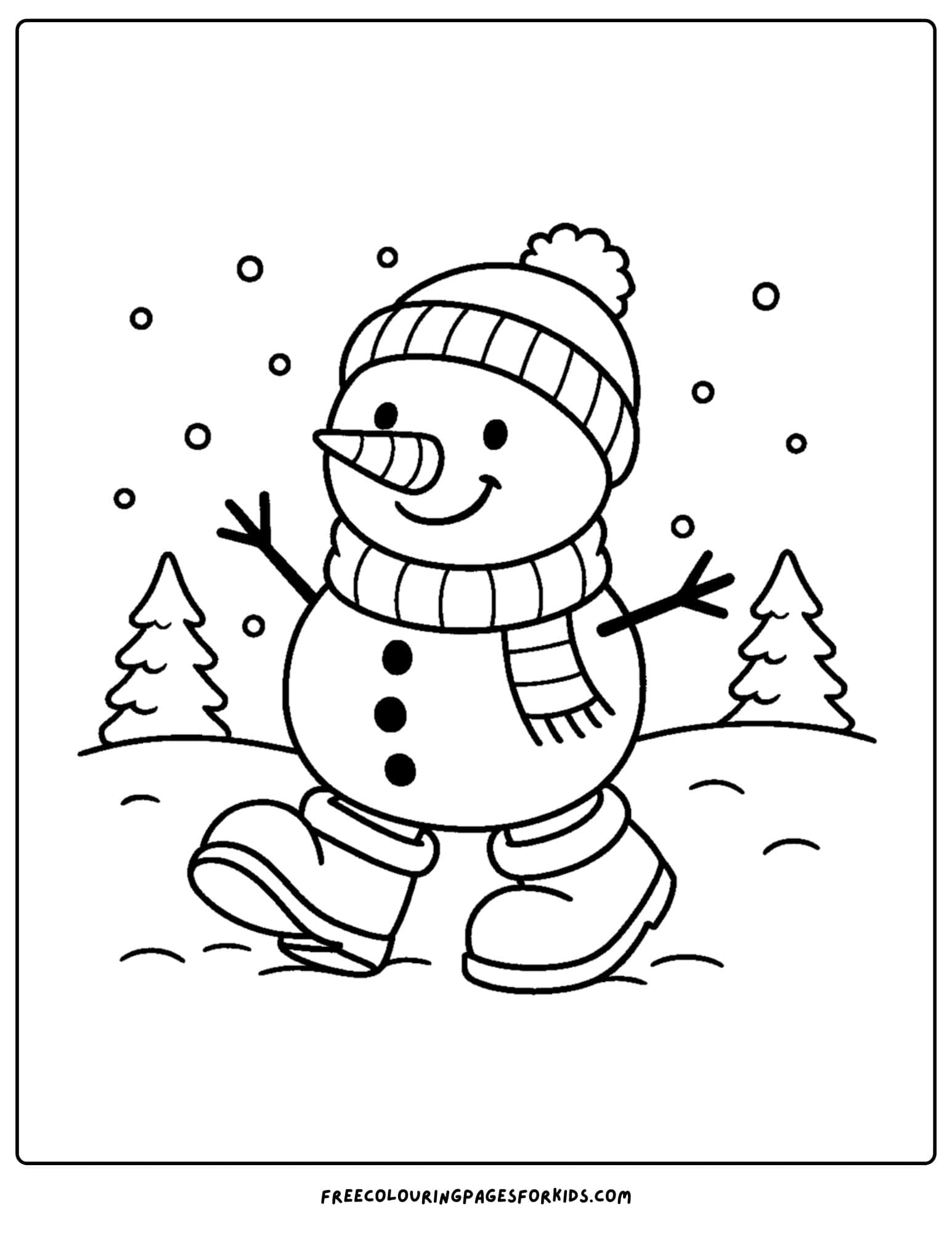 a snowman coloring page featuring a snowman going for a walk in boots