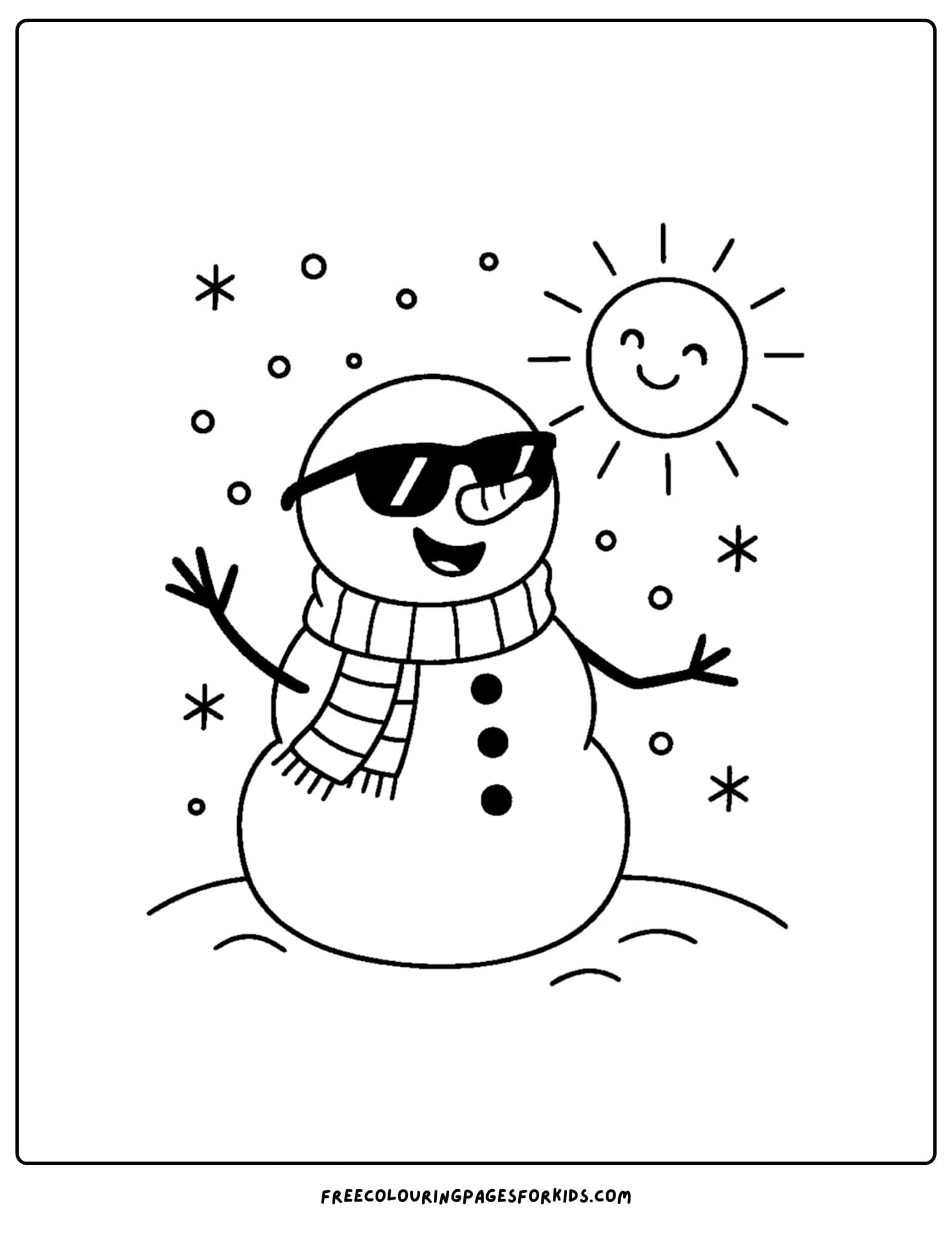 a snowman coloring page featuring a snowman wearing sunglasses on a sunny day