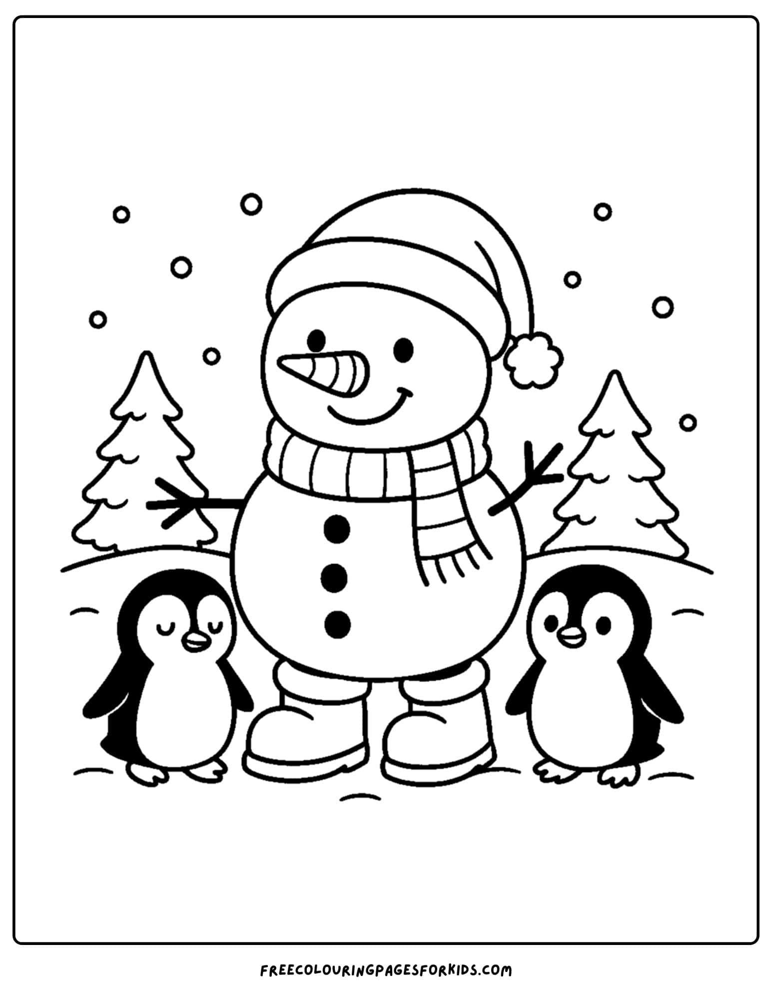 a snowman coloring page featuring a snowman with penguins either side of him