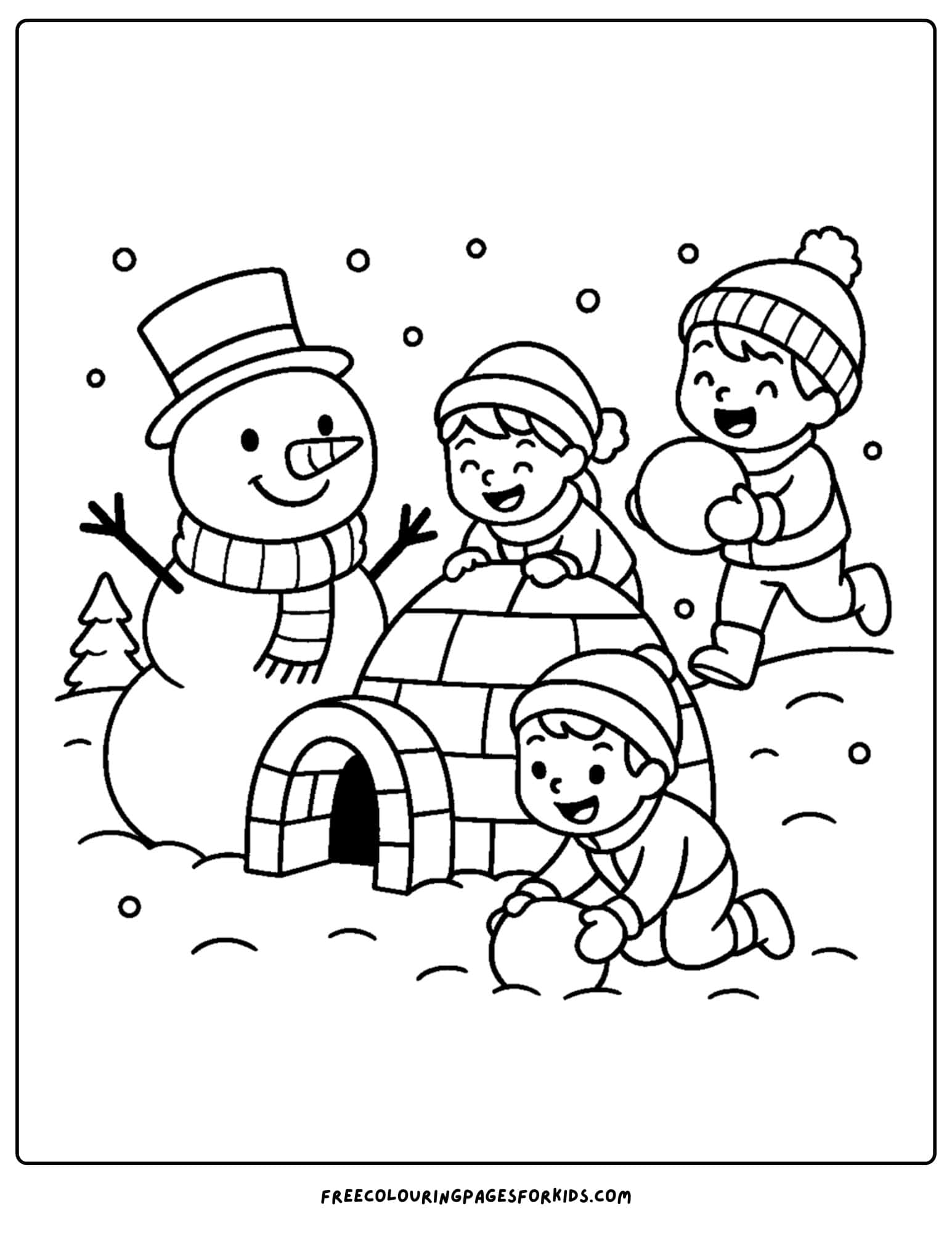 a snowman coloring page featuring a snowman with a snow fort and kids