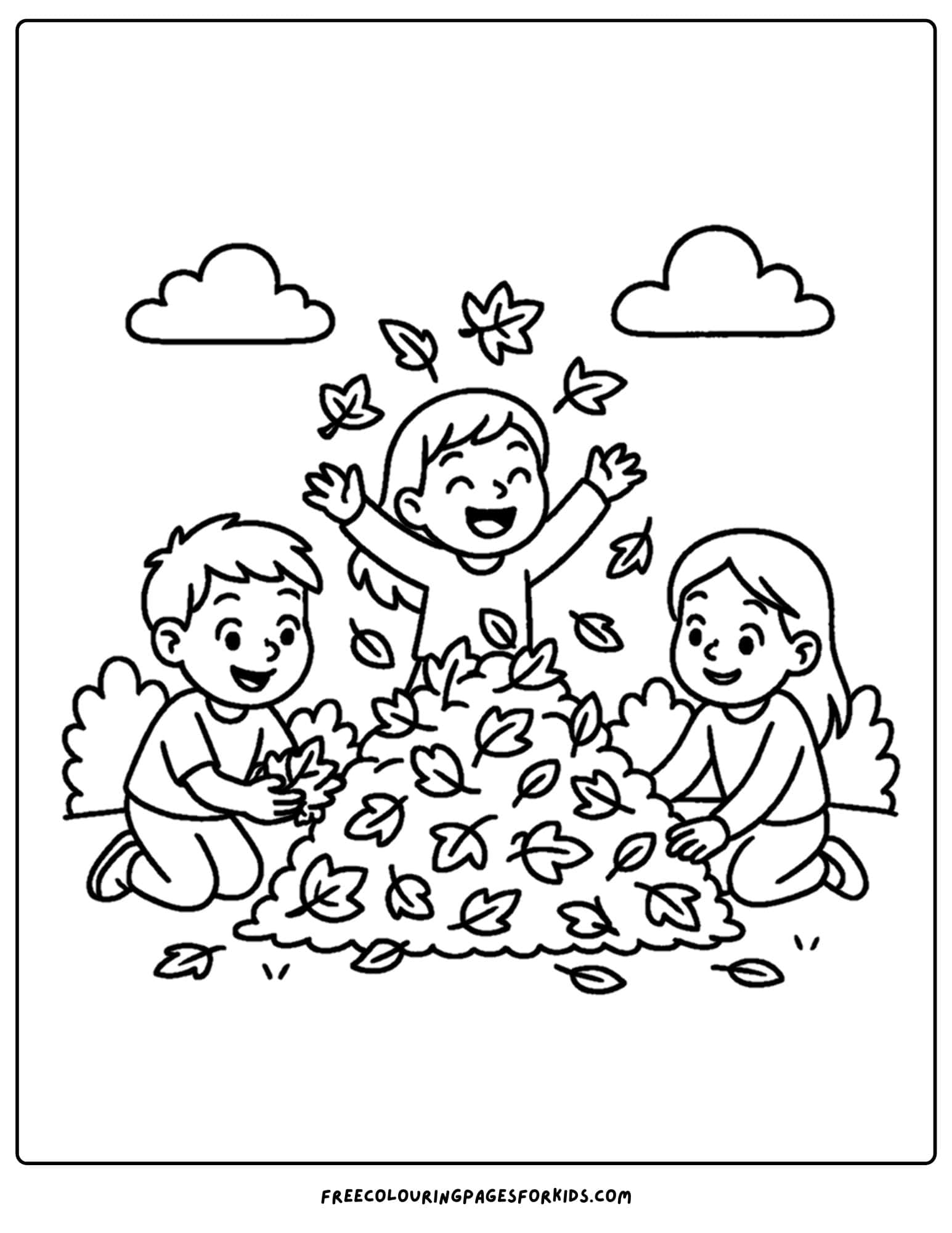 a thanksgiving coloring page of kids playing in fall leaves