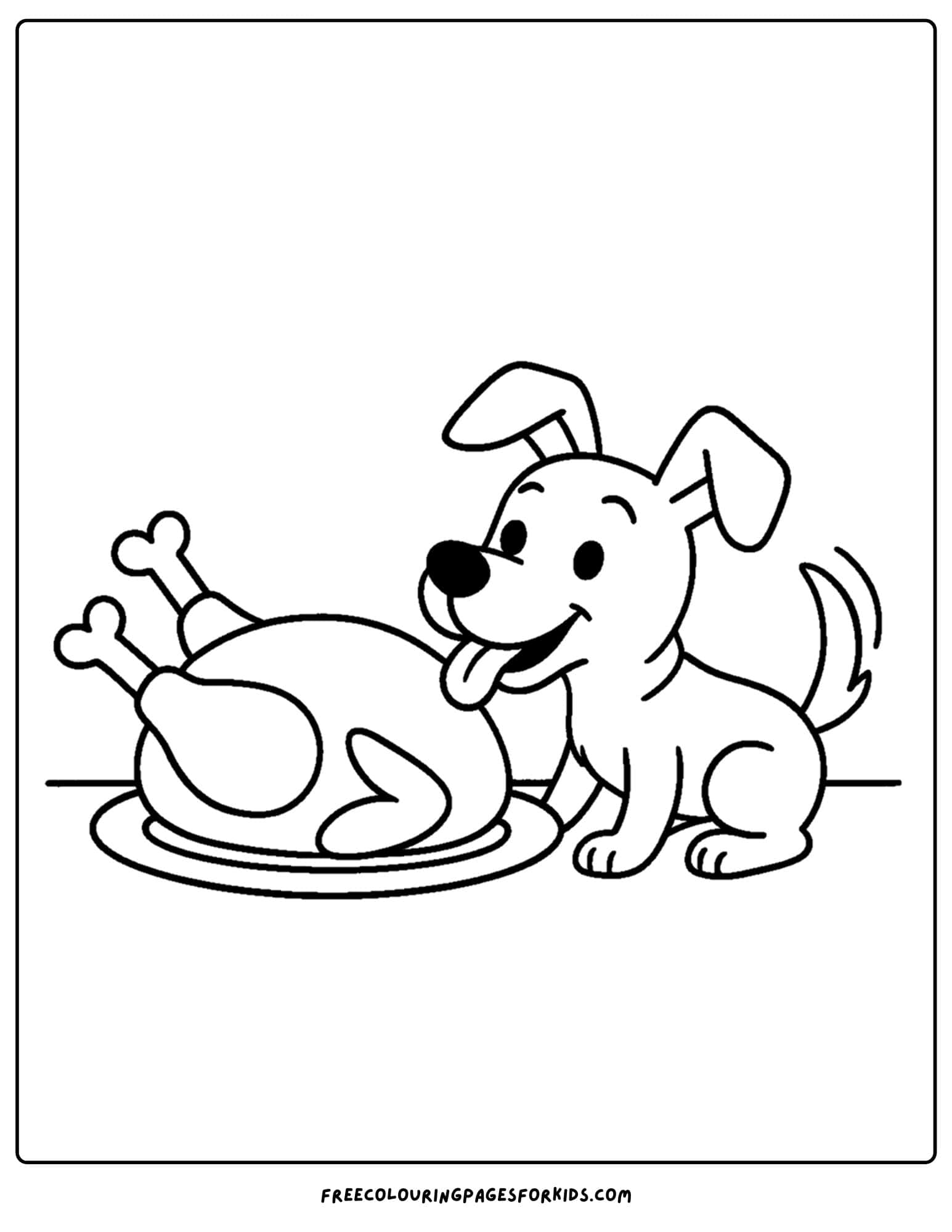 a thanksgiving coloring page of a dog sneaking a bite of turkey