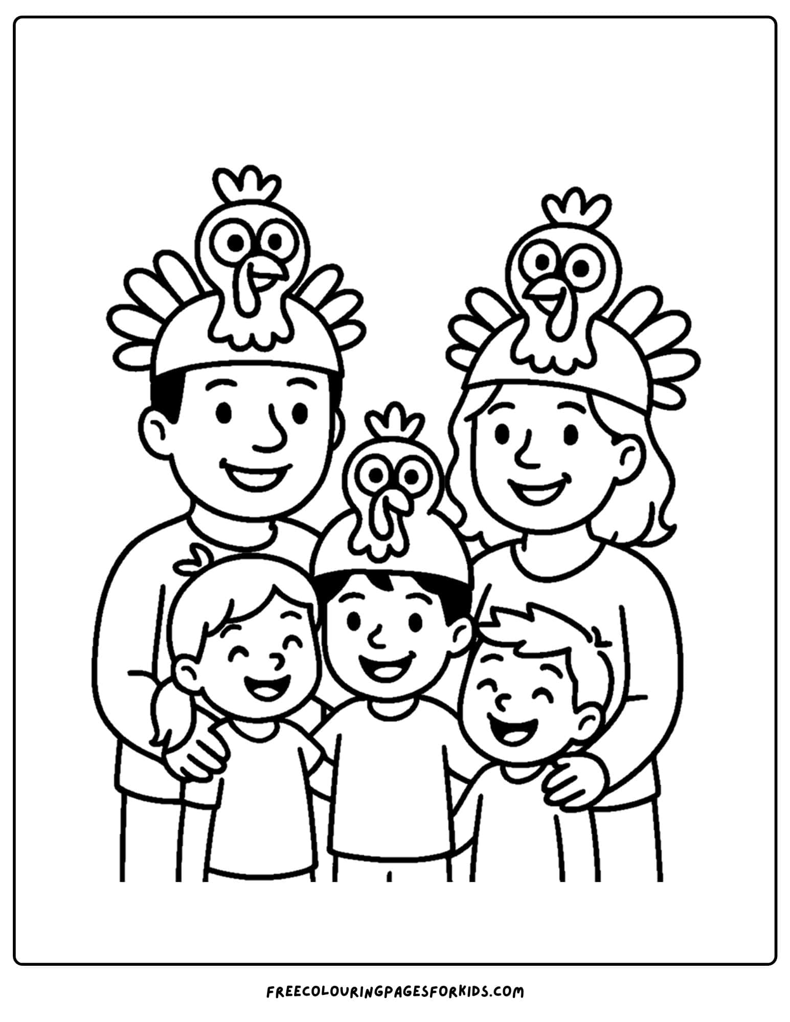 a thanksgiving coloring page of a family photo with turkey hats