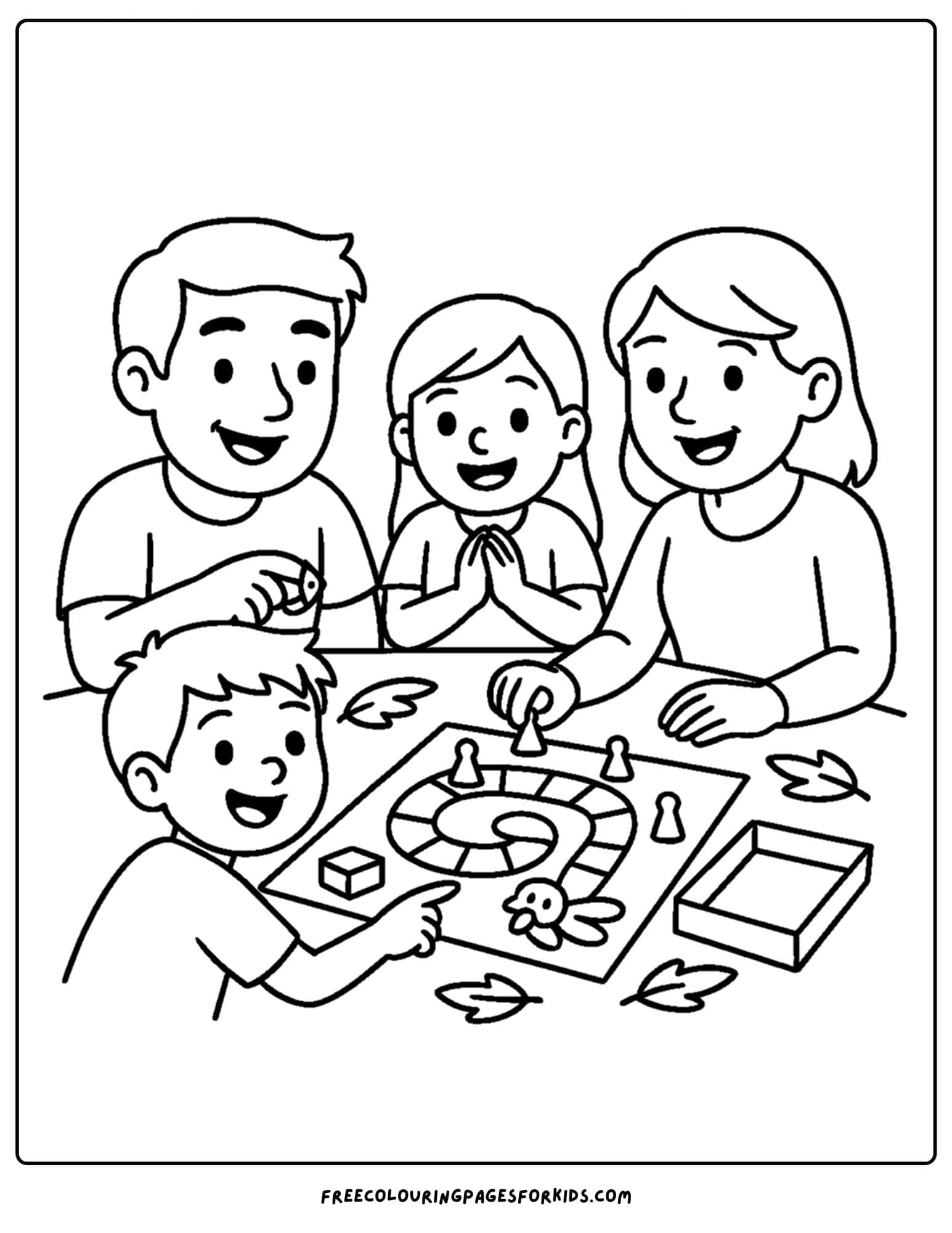 a thanksgiving coloring page of a family playing a board game for thanksgiving