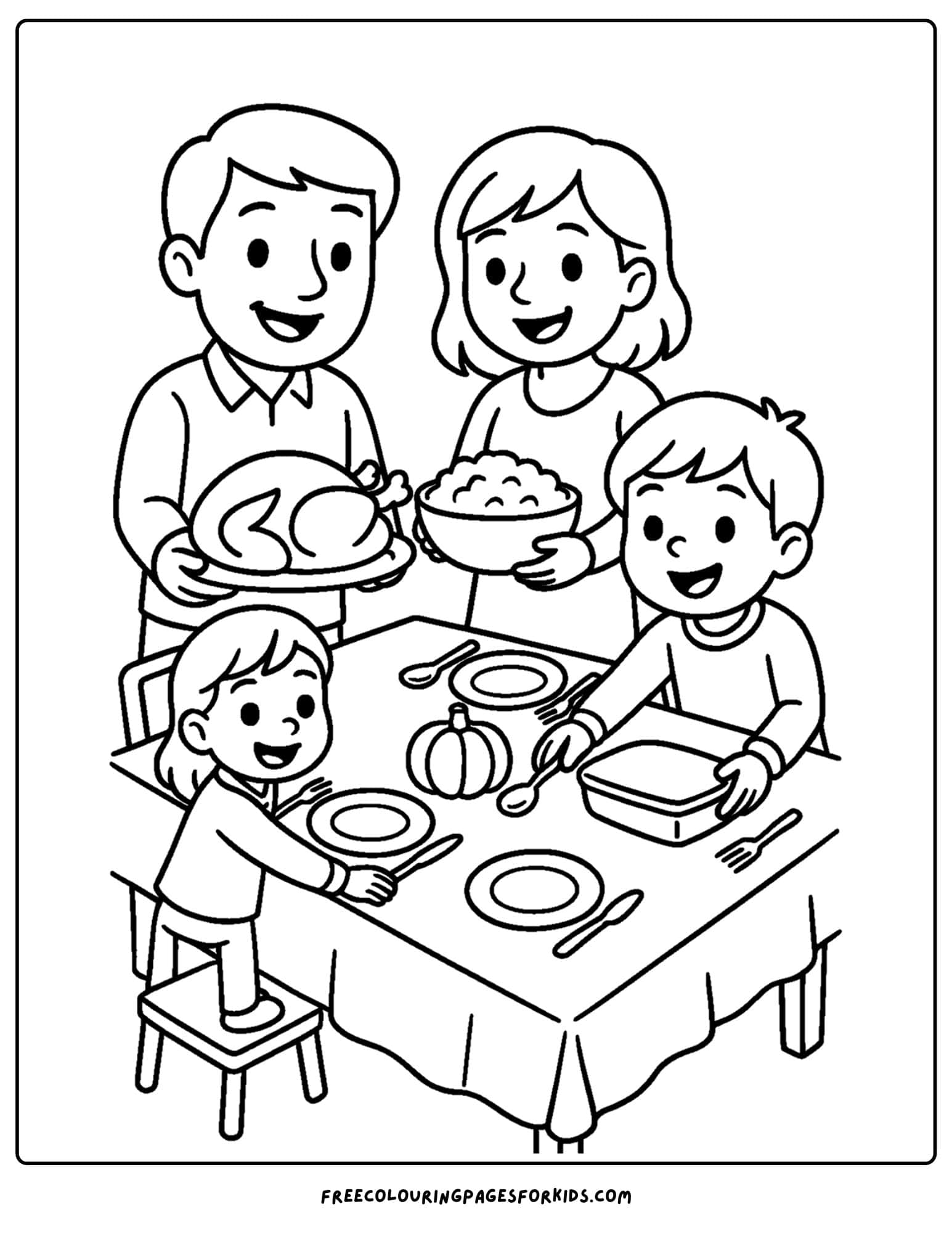 a thanksgiving coloring page of a family setting the table