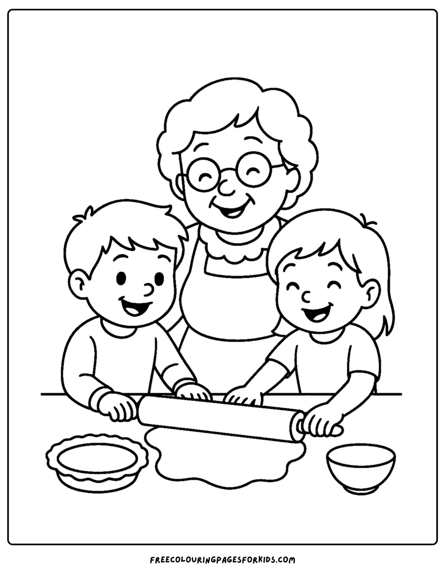 a thanksgiving coloring page of grandma rolling a pie dough