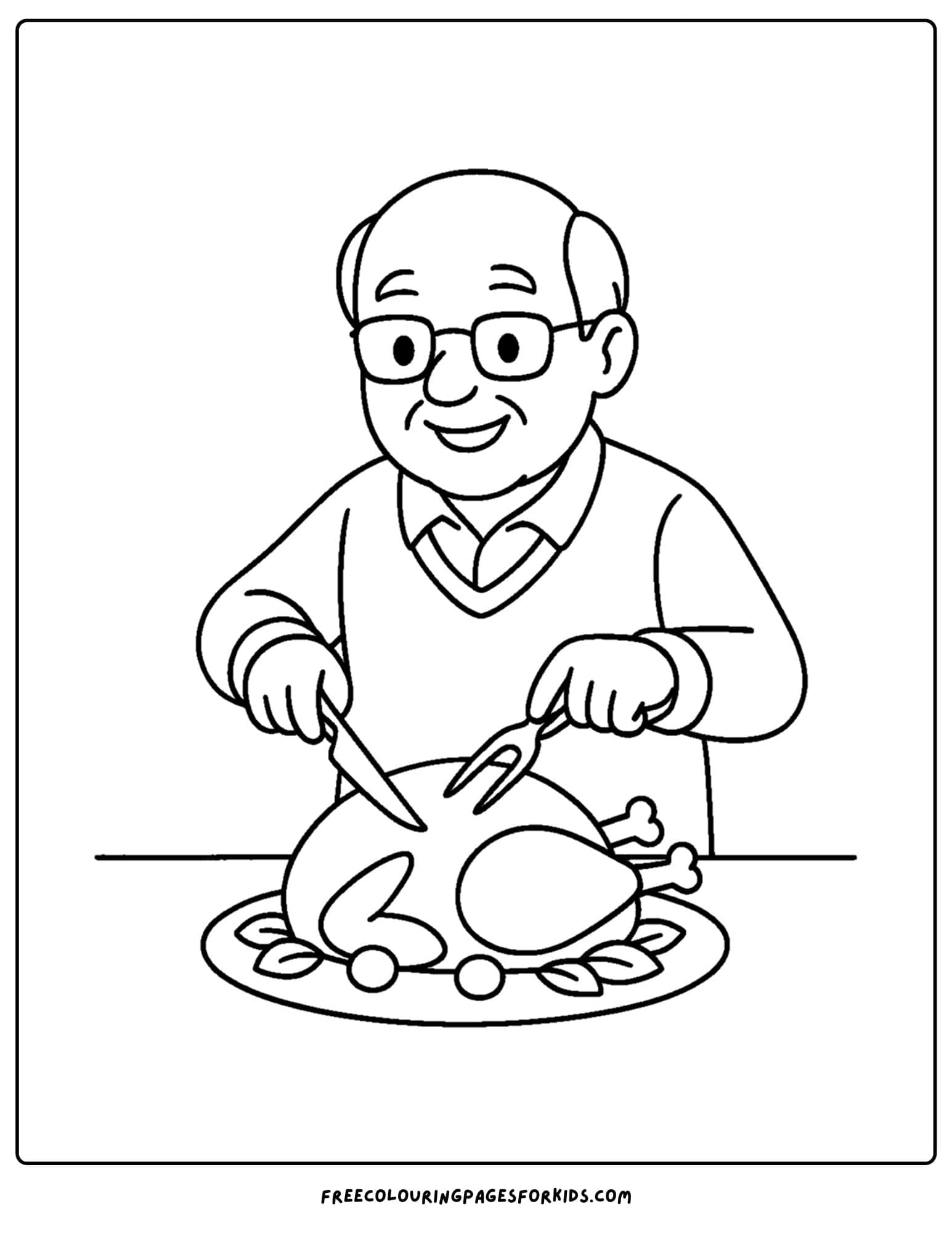 a thanksgiving coloring page of grandpa carving the turkey