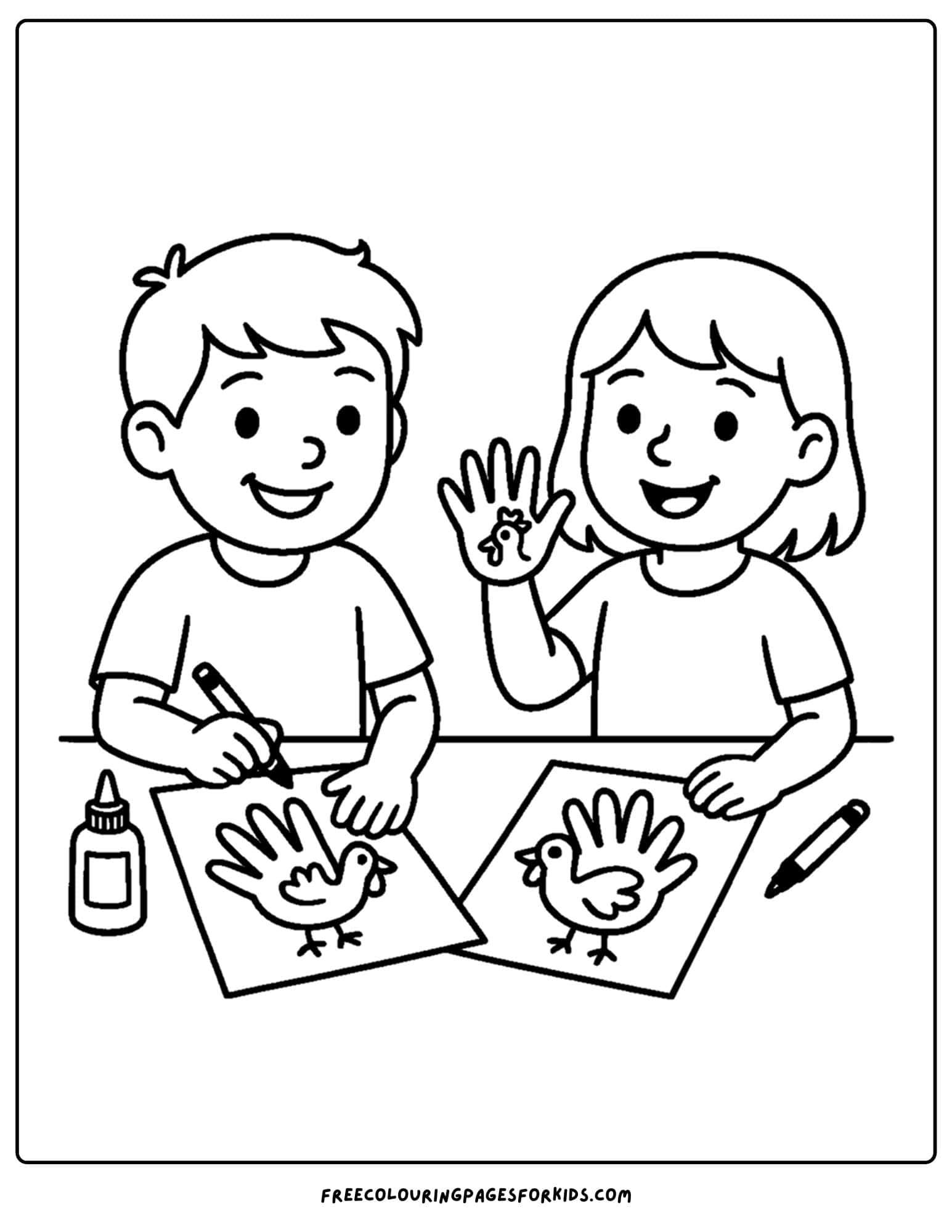 a thanksgiving coloring page of kids making turkey hand print craft