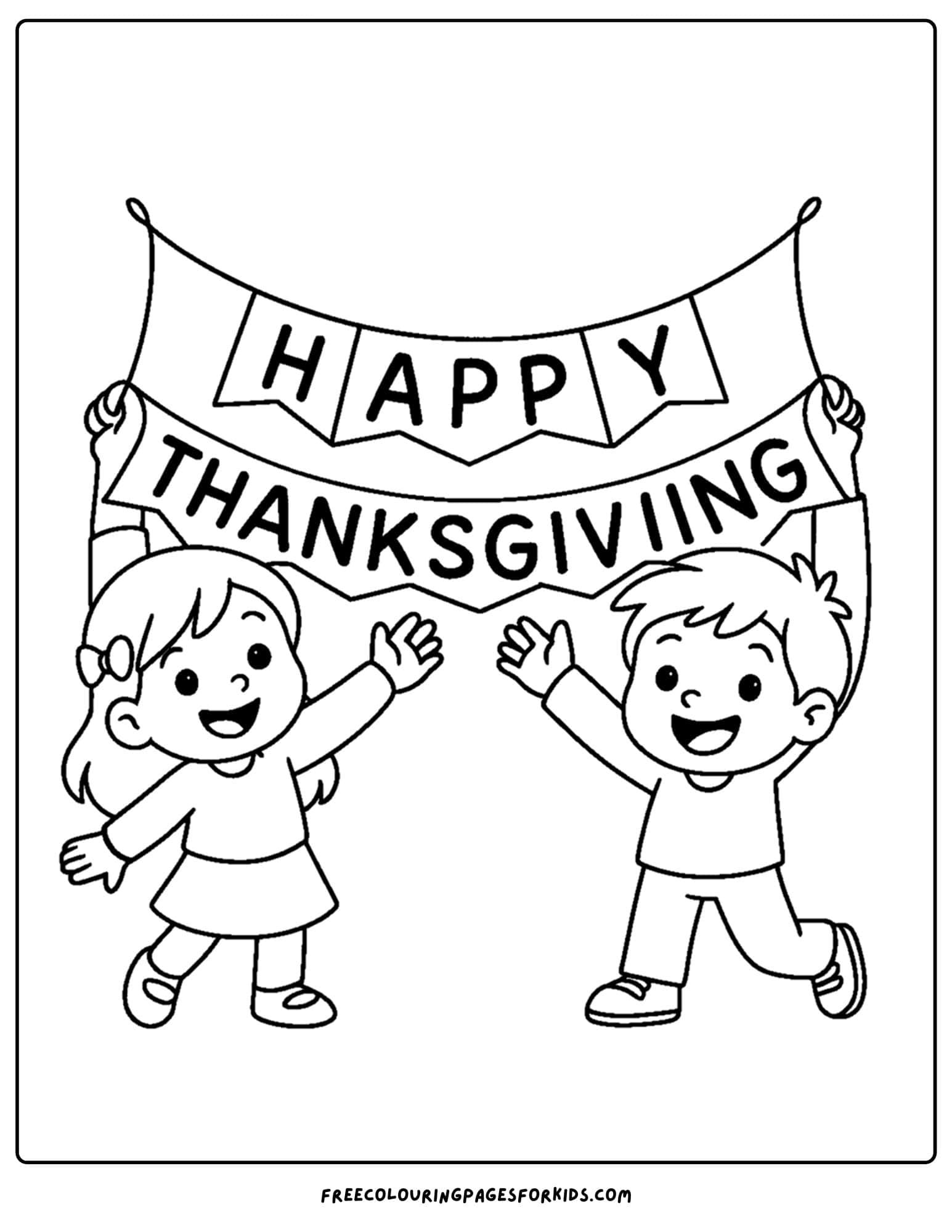 a thanksgiving coloring page of kids hanging a tahnskgiving banner