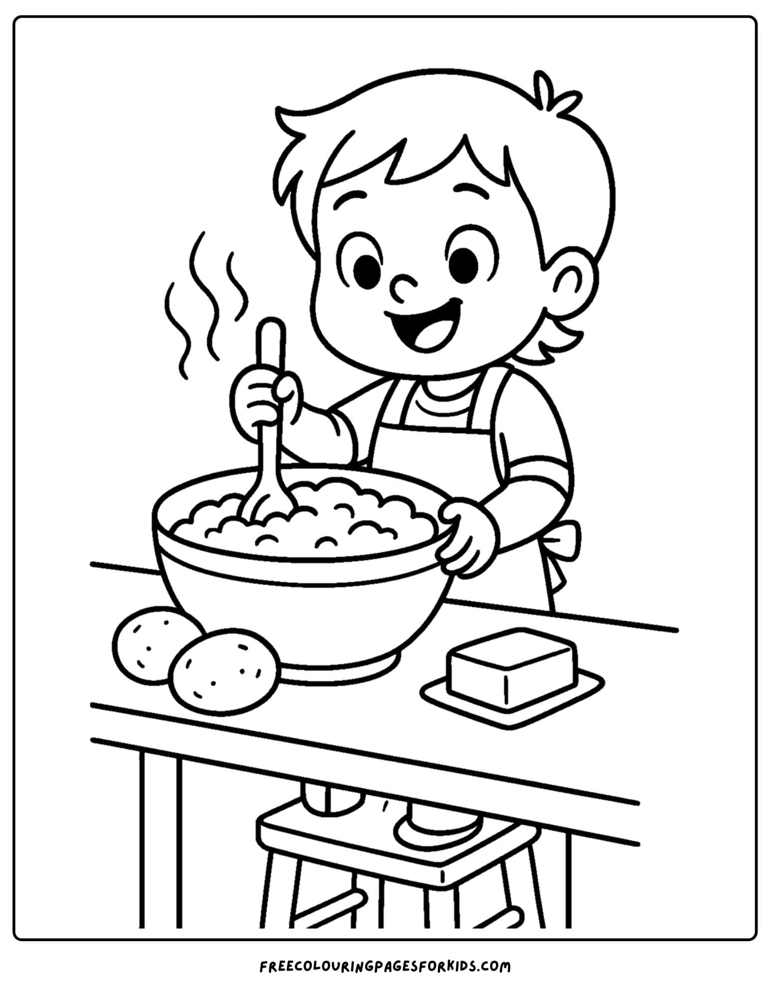 a thanksgiving coloring page of a child mashing potatoes