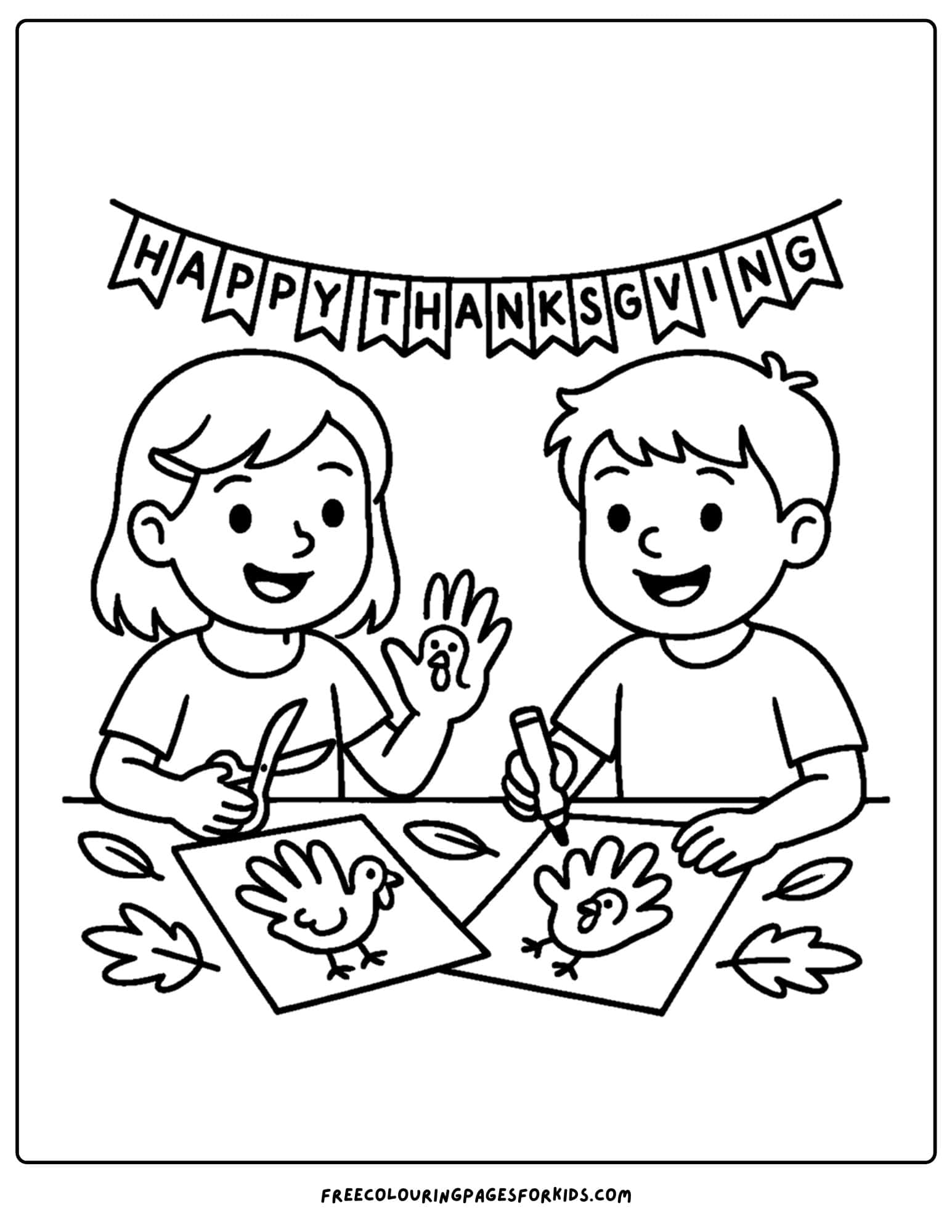 a thanksgiving coloring page of kids doing thanksgiving crafts