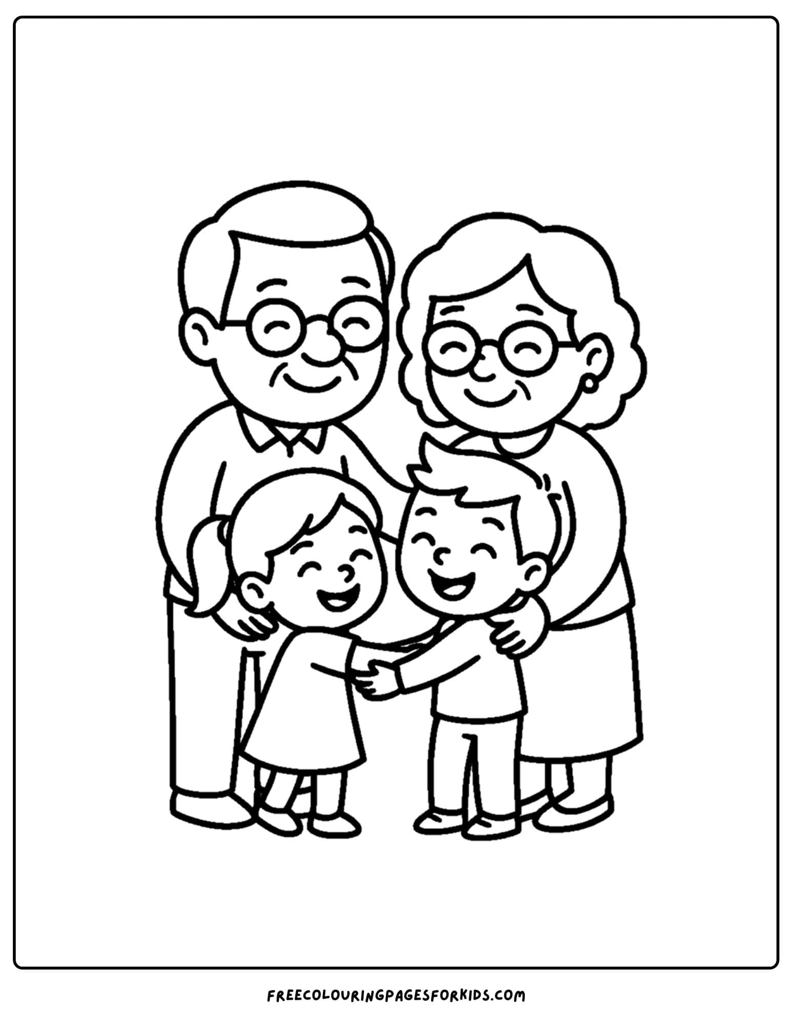 a thanksgiving coloring page of kids hugging their grandparents