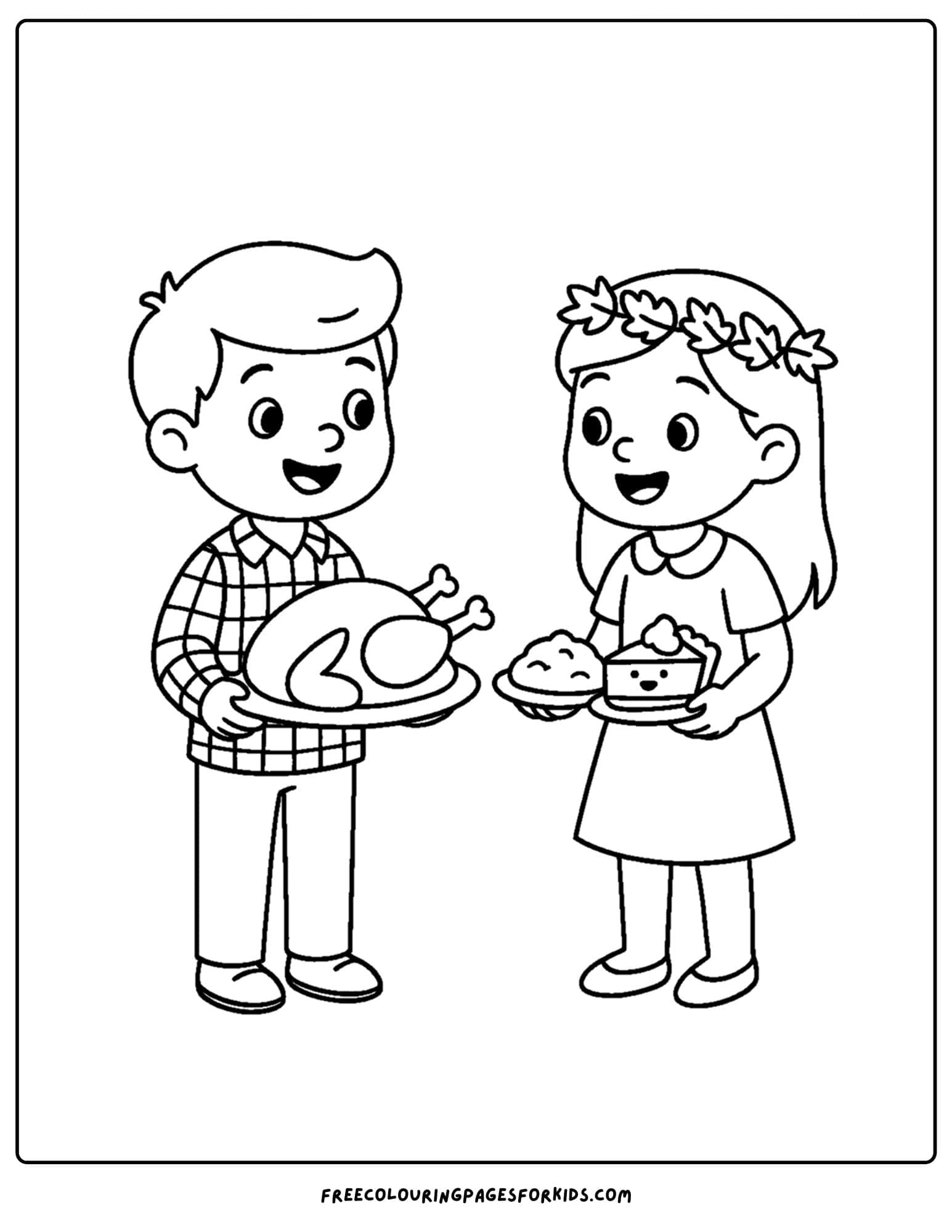 a thanksgiving coloring page of kids serving food